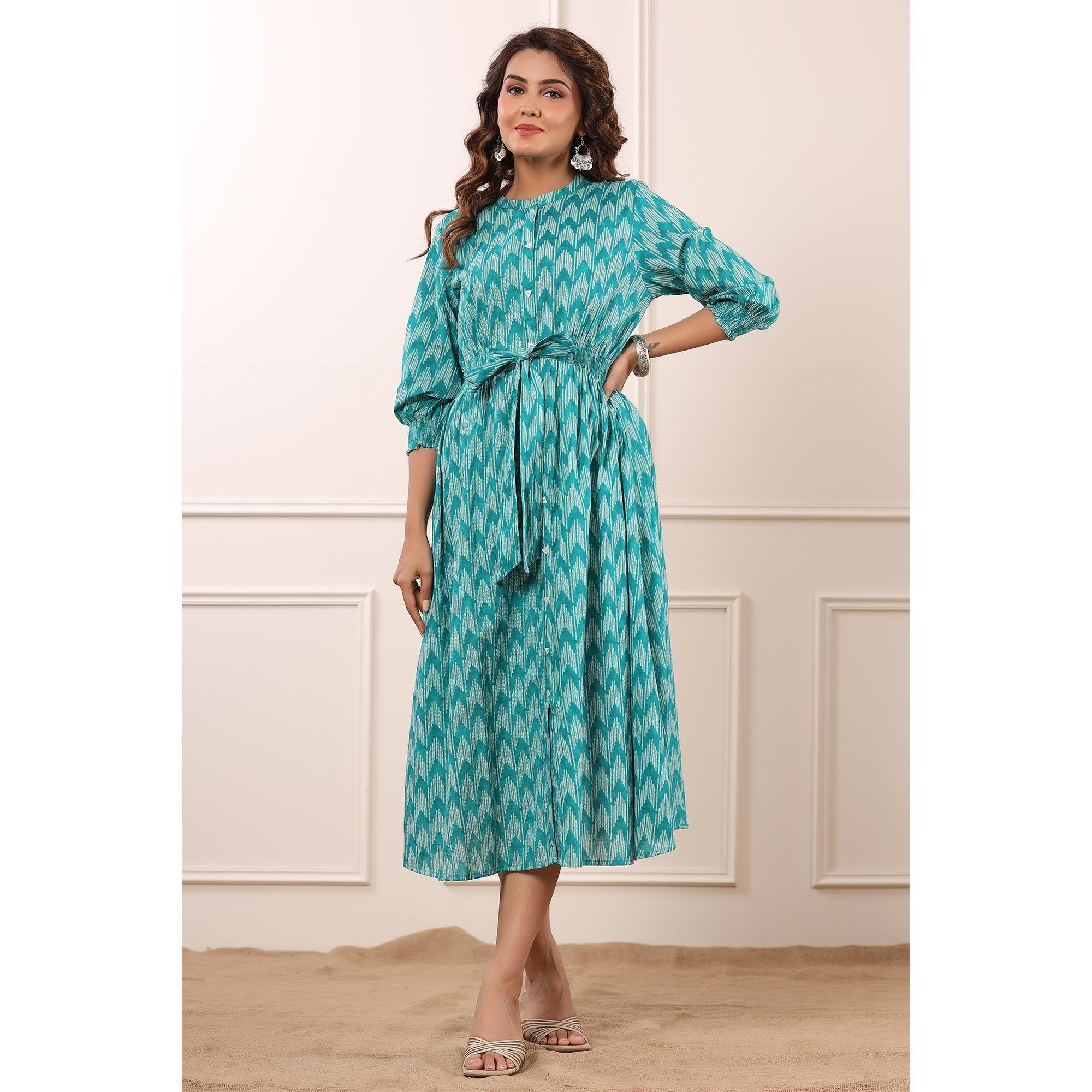 Sky Blue Ikkat Printed Pure Cotton Dress - Peachmode