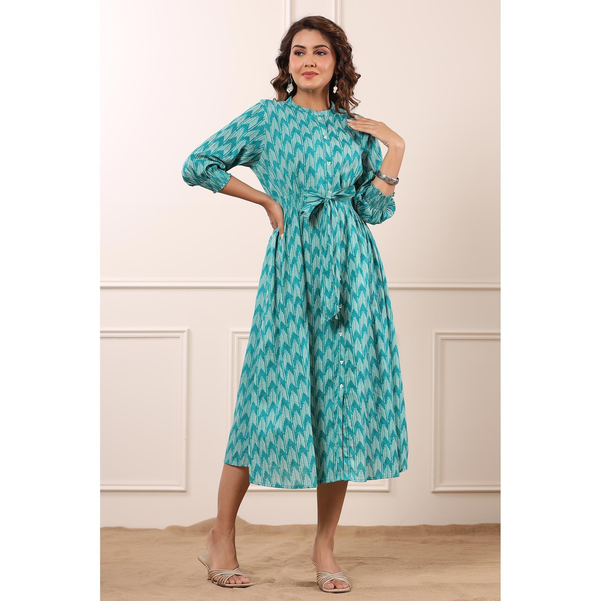 Sky Blue Ikkat Printed Pure Cotton Dress - Peachmode