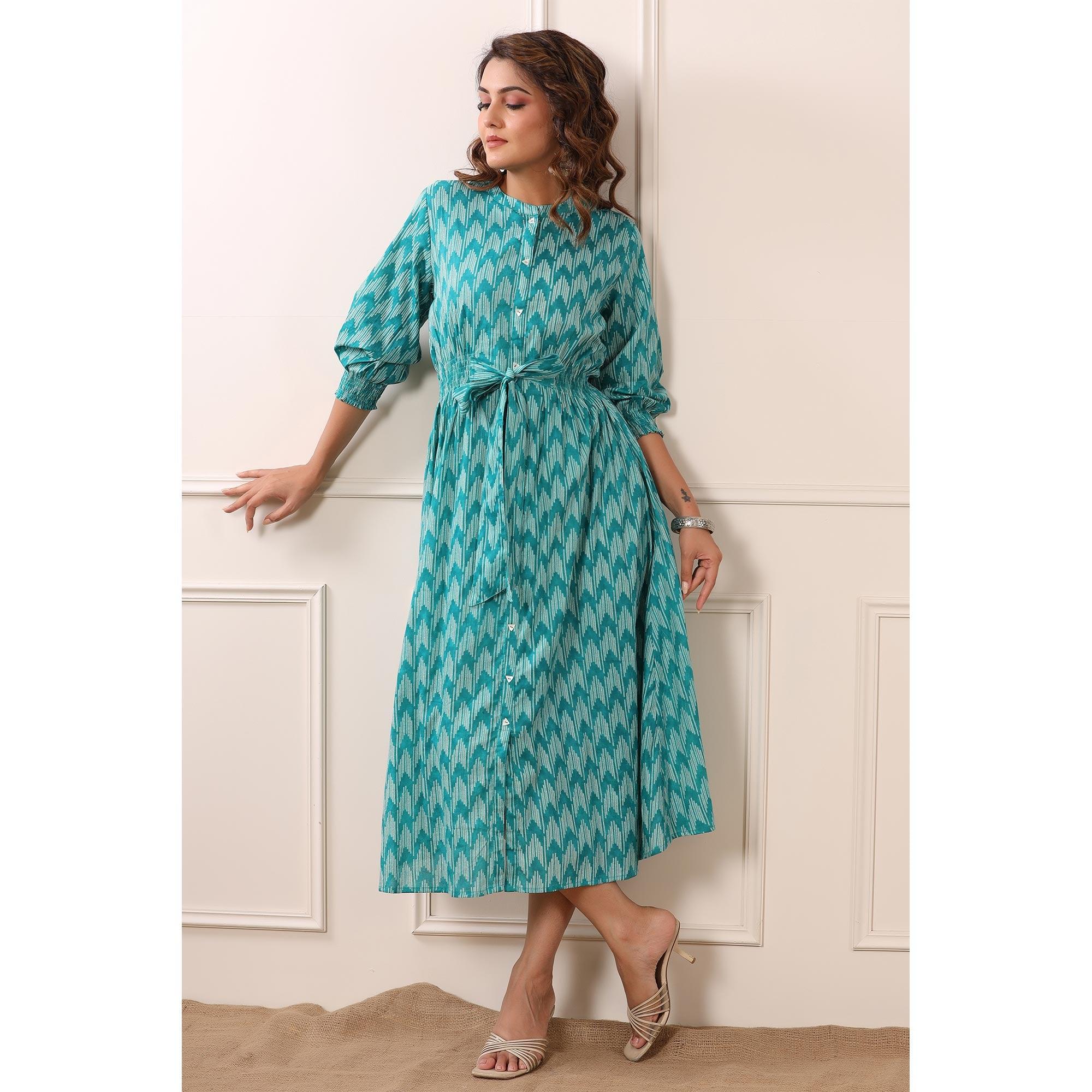Sky Blue Ikkat Printed Pure Cotton Dress - Peachmode