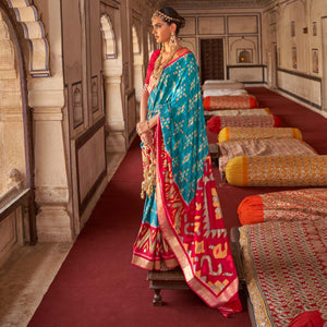 Sky Blue Ikkat Printed-Woven Patola Art Silk Saree - Peachmode
