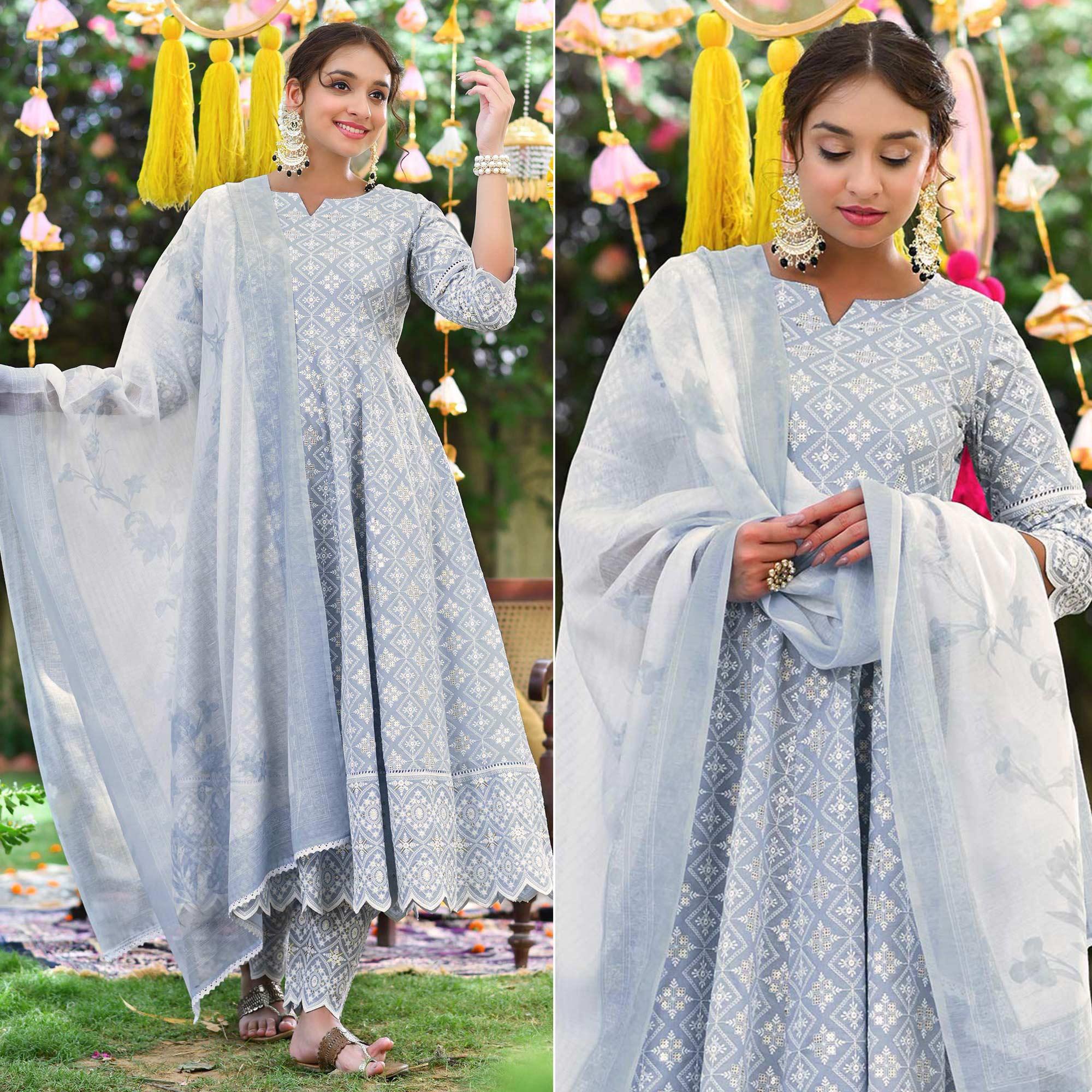 Sky Blue Lucknowi Embroidered Pure Cotton Anarkali Suit - Peachmode