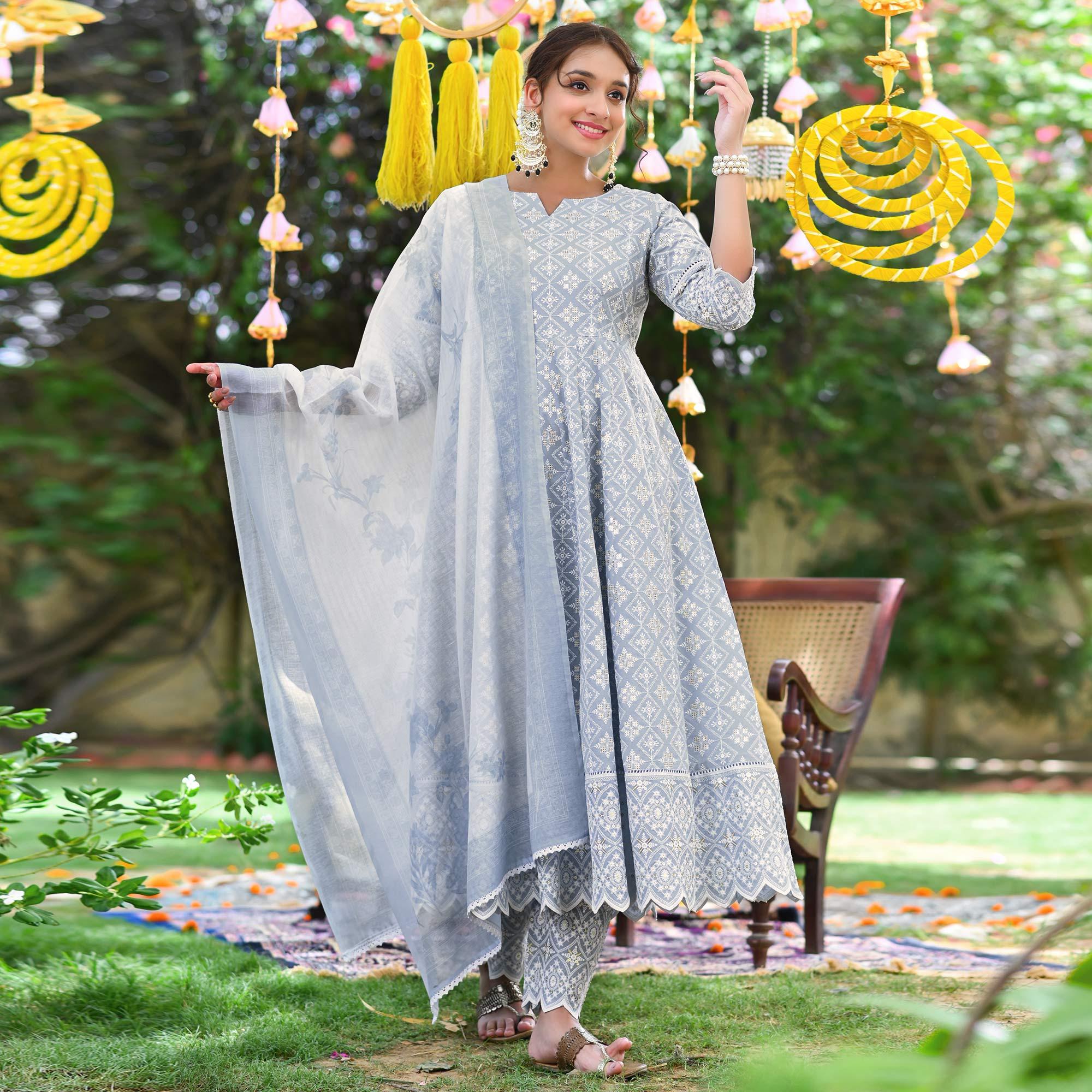 Sky Blue Lucknowi Embroidered Pure Cotton Anarkali Suit - Peachmode