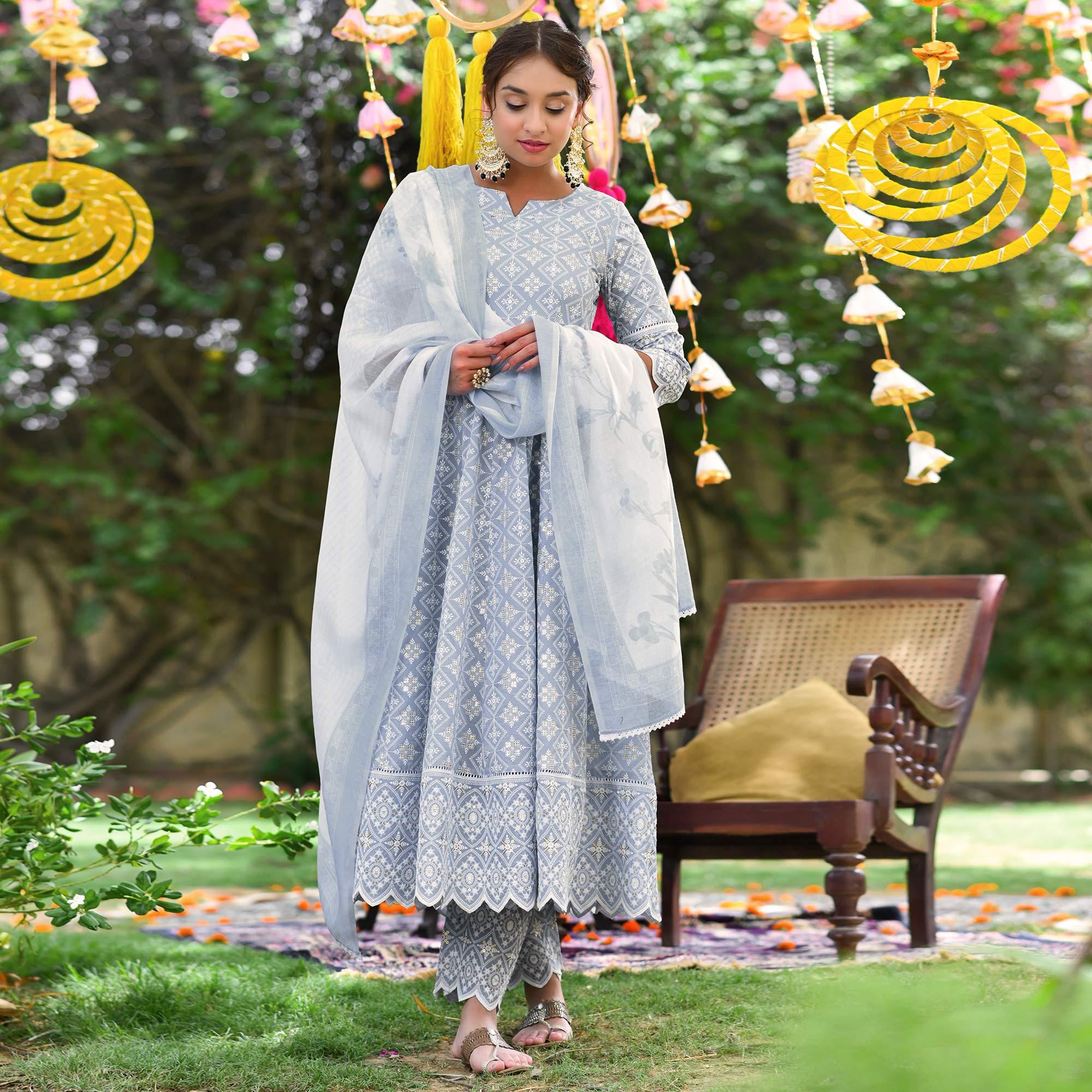 Sky Blue Lucknowi Embroidered Pure Cotton Anarkali Suit - Peachmode