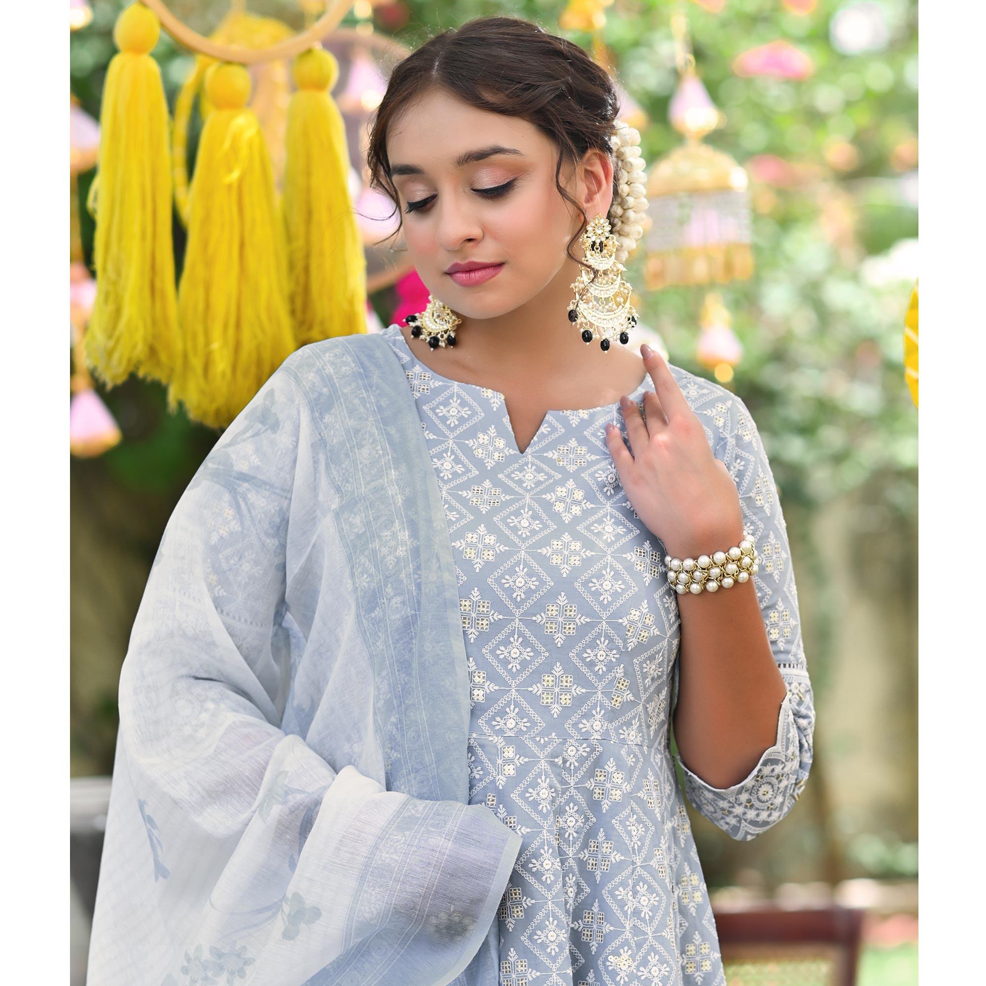 Sky Blue Lucknowi Embroidered Pure Cotton Anarkali Suit - Peachmode