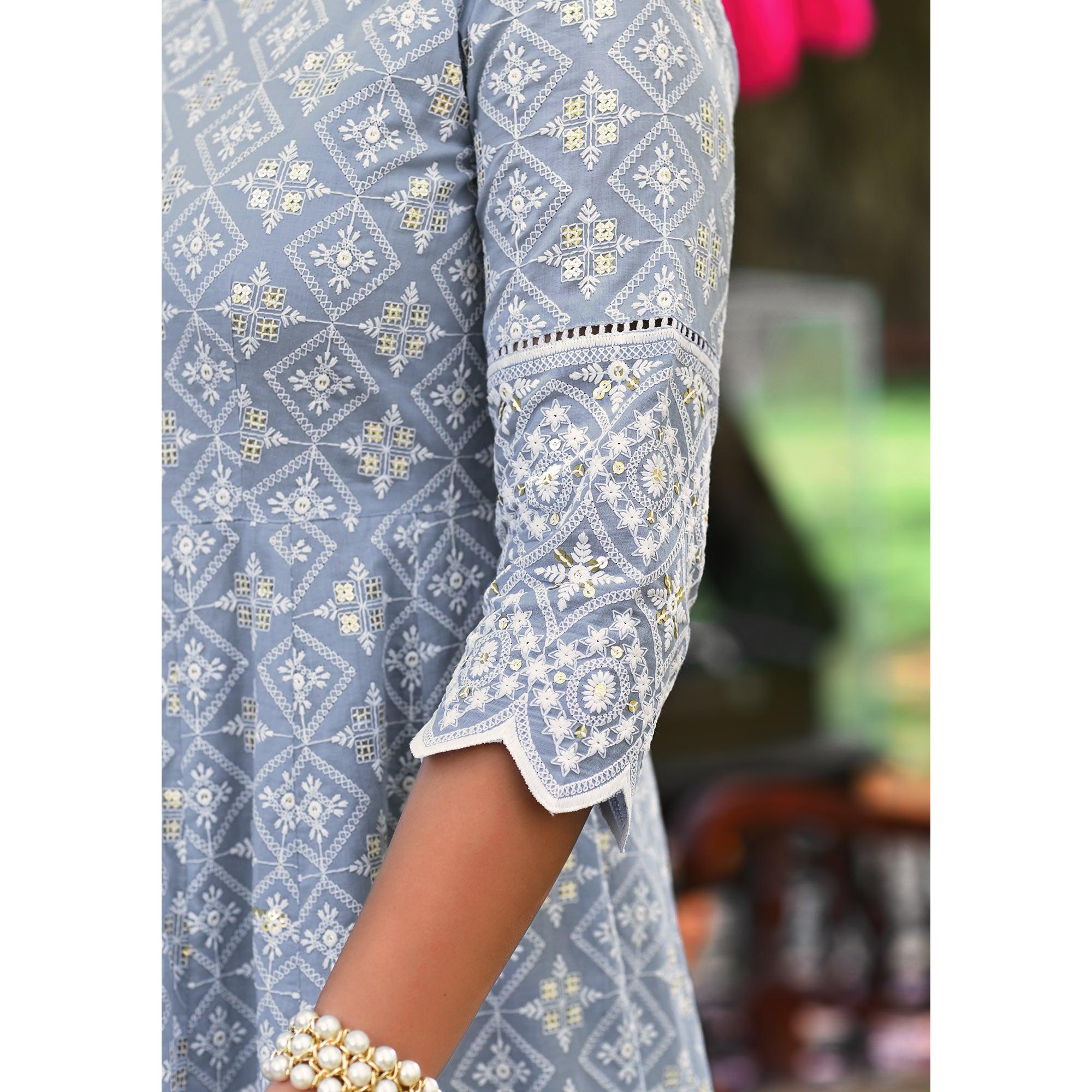 Sky Blue Lucknowi Embroidered Pure Cotton Anarkali Suit - Peachmode