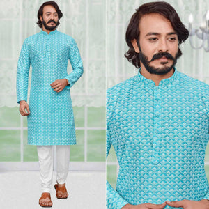 Sky Blue Lucknowi Work Art Silk Kurta Pyjama Set - Peachmode