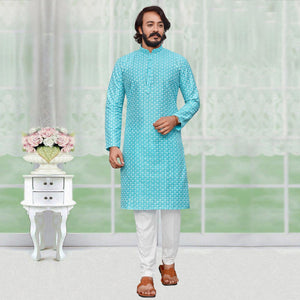 Sky Blue Lucknowi Work Art Silk Kurta Pyjama Set - Peachmode
