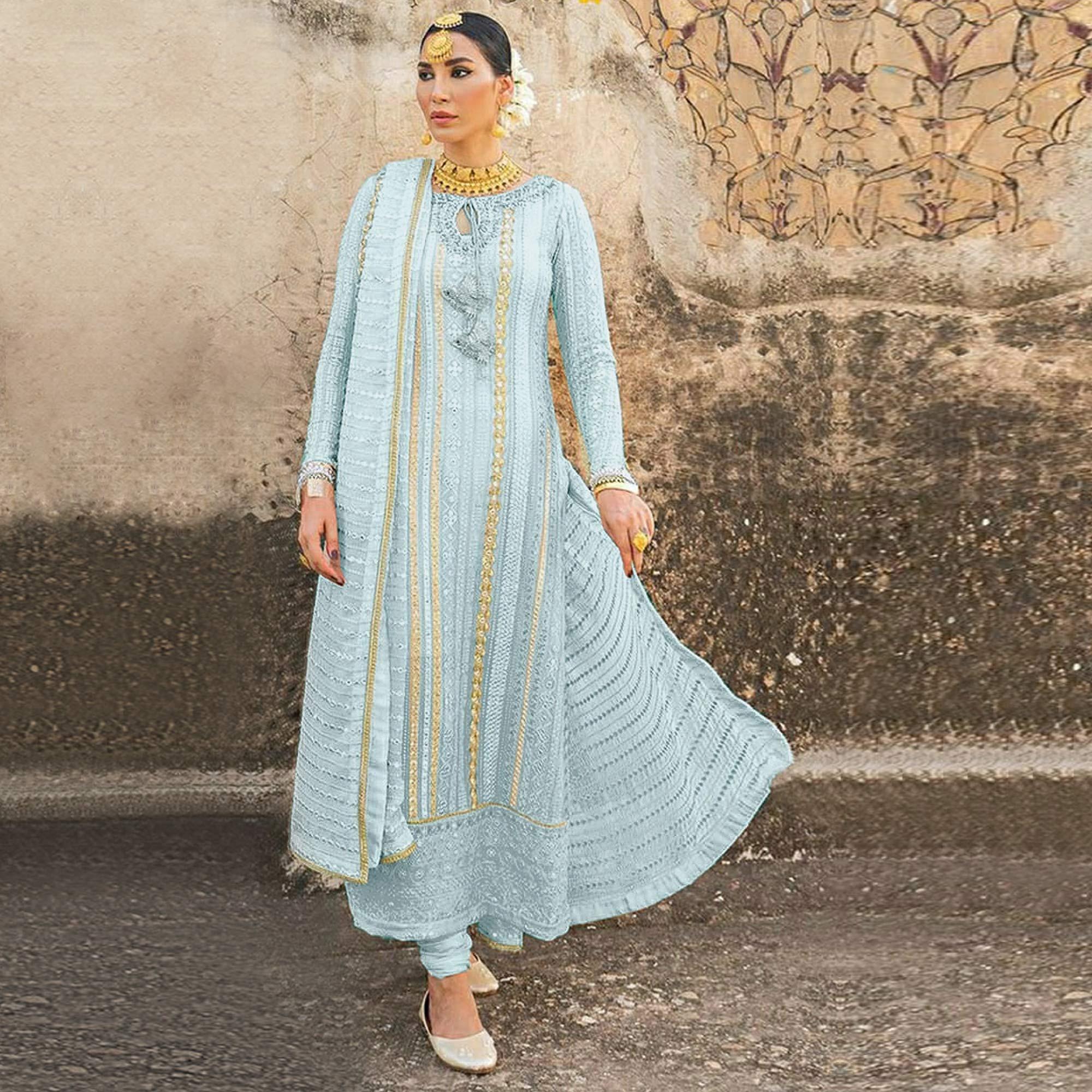 Sky Blue Party Wear Embroidered Georgette Suit - Peachmode