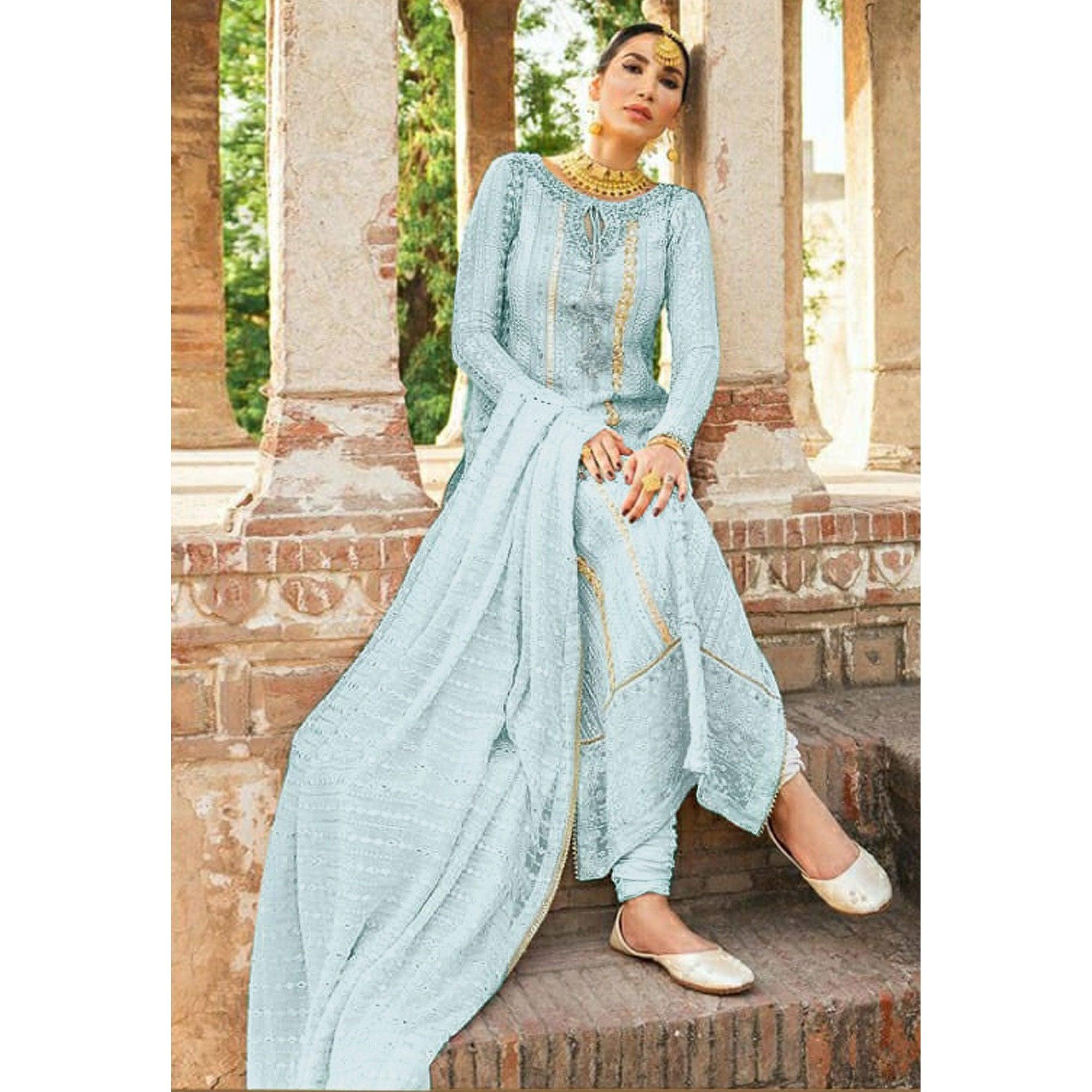 Sky Blue Party Wear Embroidered Georgette Suit - Peachmode