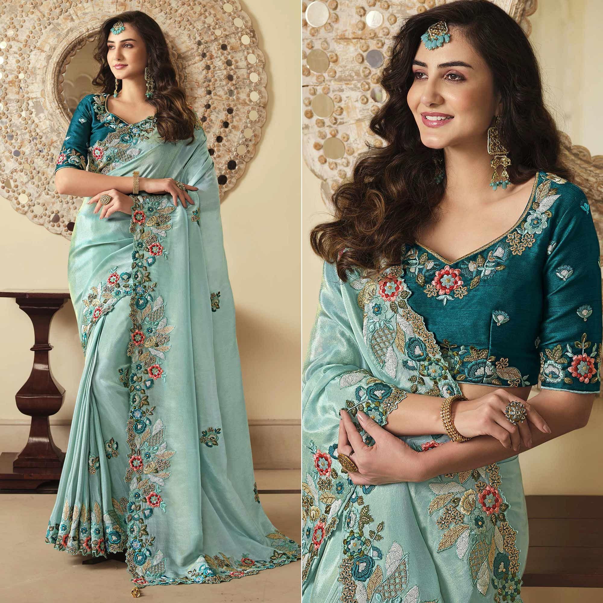 Sky Blue Party Wear Embroidered Satin Saree - Peachmode