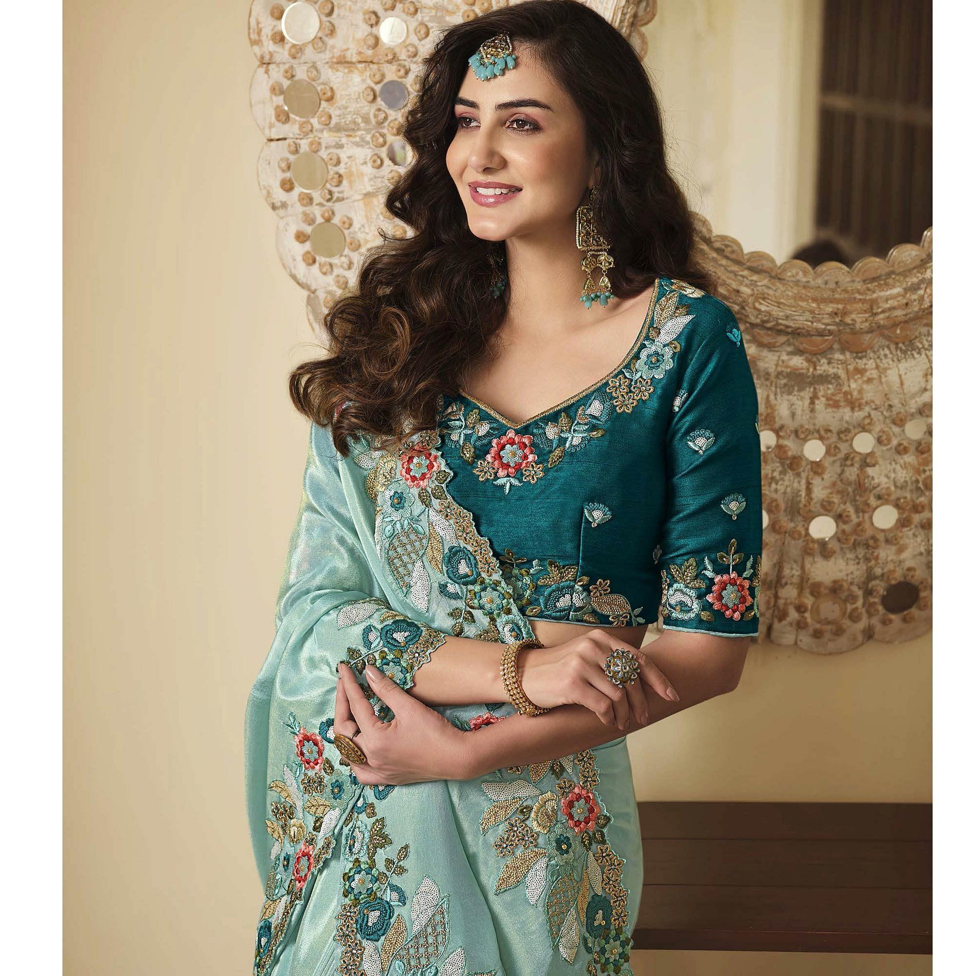 Sky Blue Party Wear Embroidered Satin Saree - Peachmode