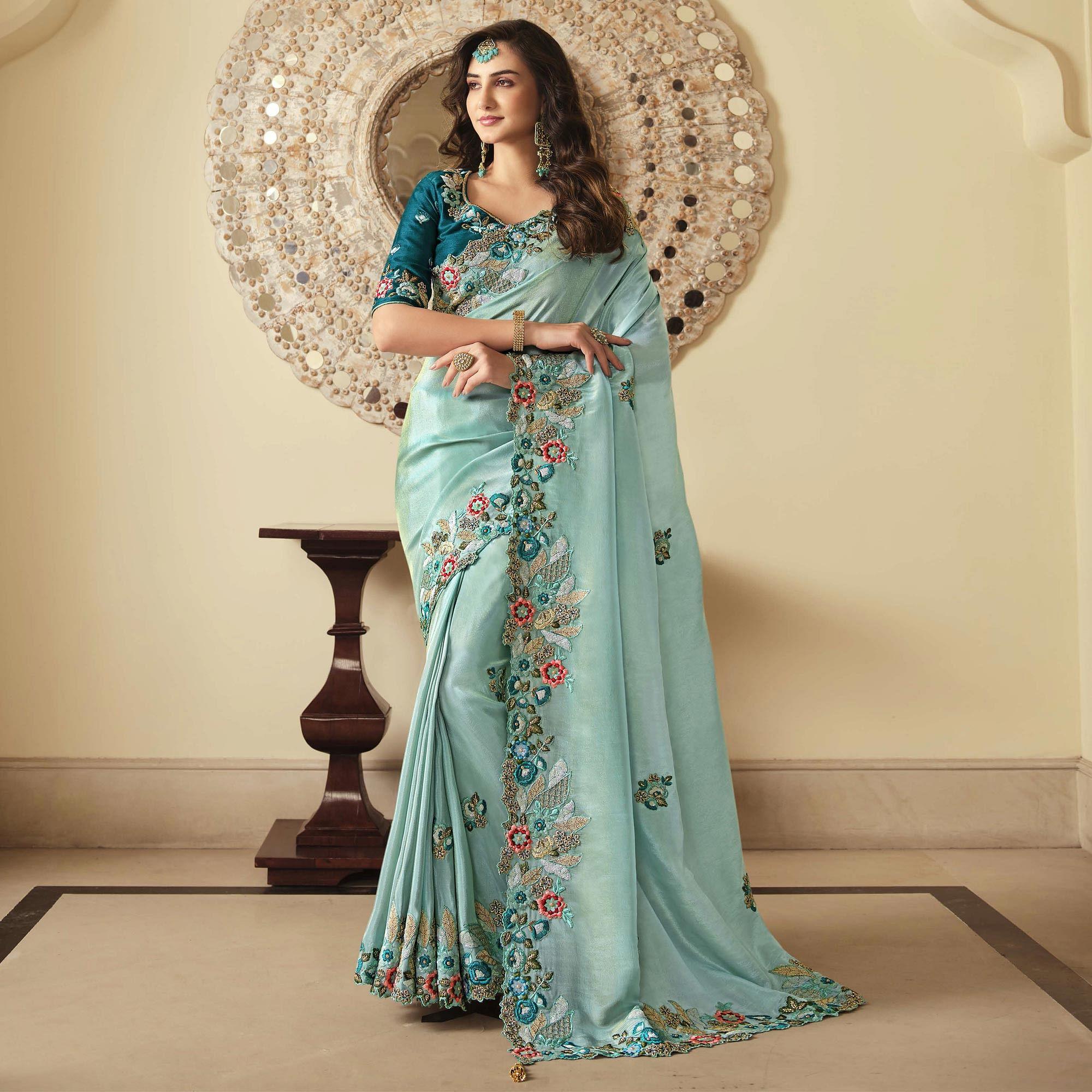 Sky Blue Party Wear Embroidered Satin Saree - Peachmode