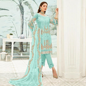 Sky Blue Party Wear Floral Embroidered Georgette Straight Salwar Suit - Peachmode