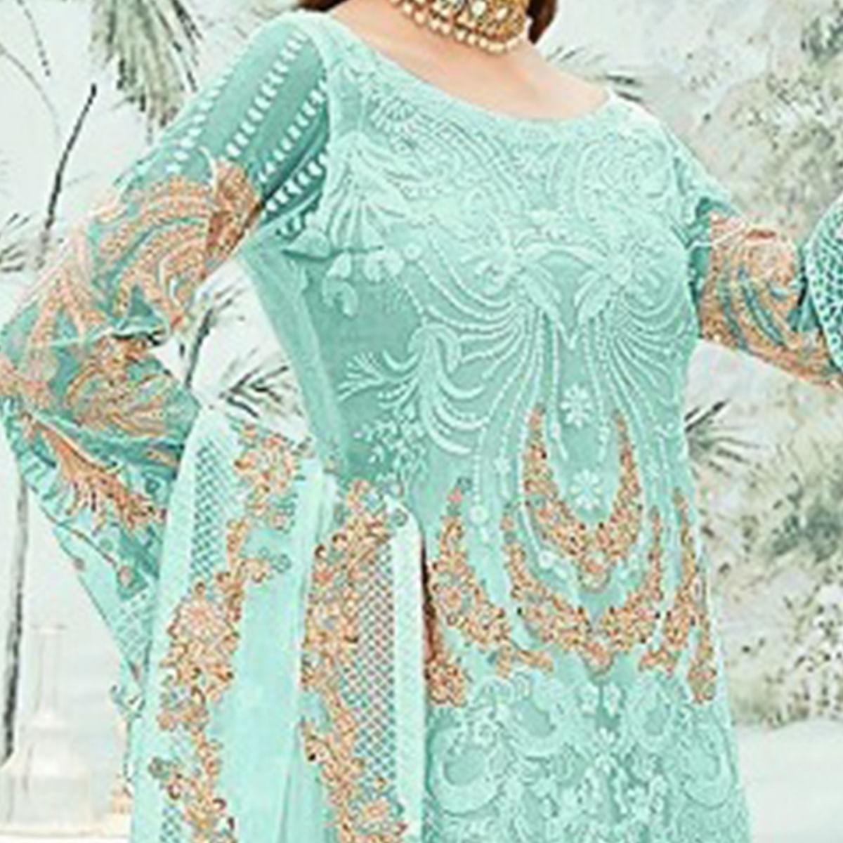 Sky Blue Party Wear Floral Embroidered Georgette Straight Salwar Suit - Peachmode