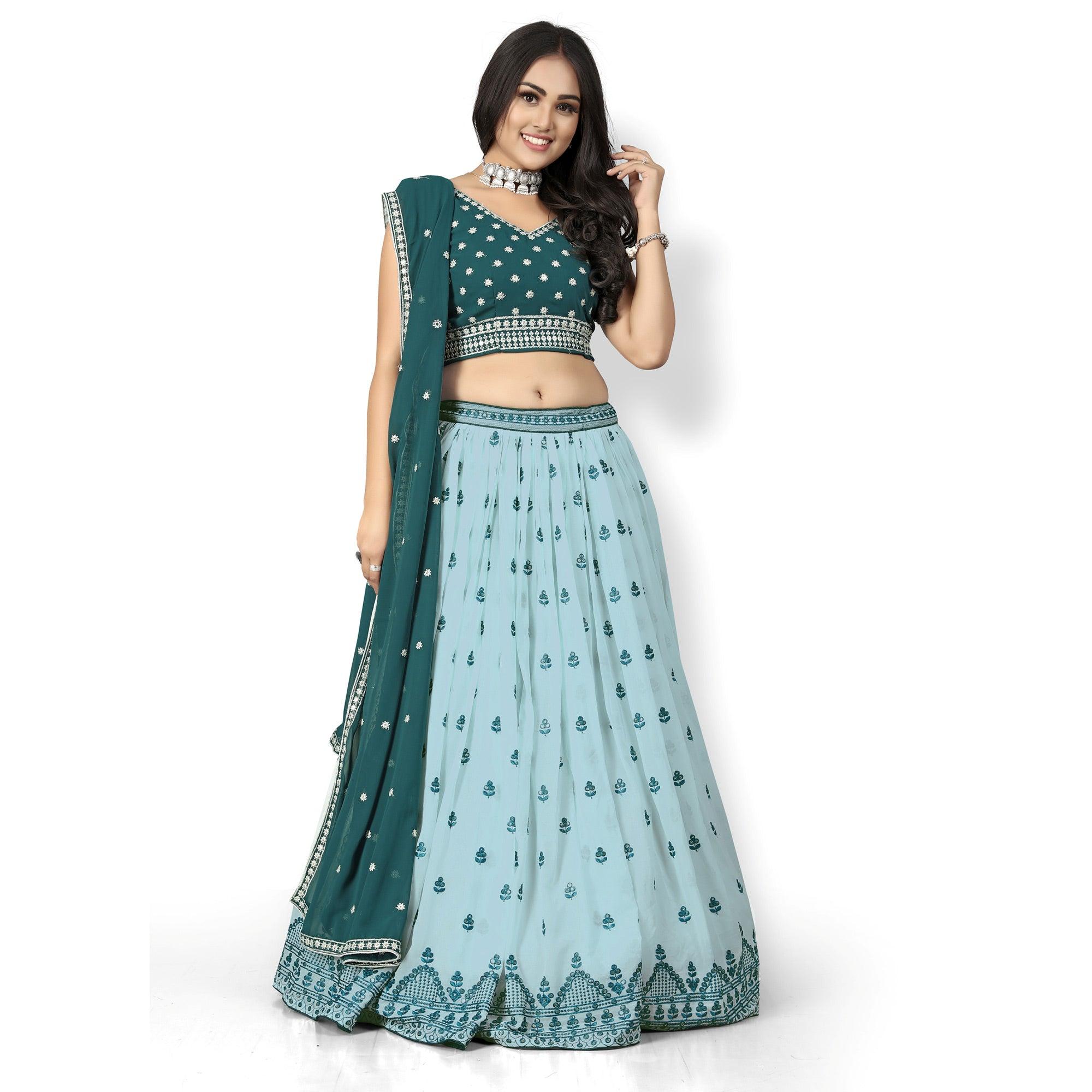 Sky Blue Party Wear Sequence Embroidered Tapetta Lehenga Choli - Peachmode