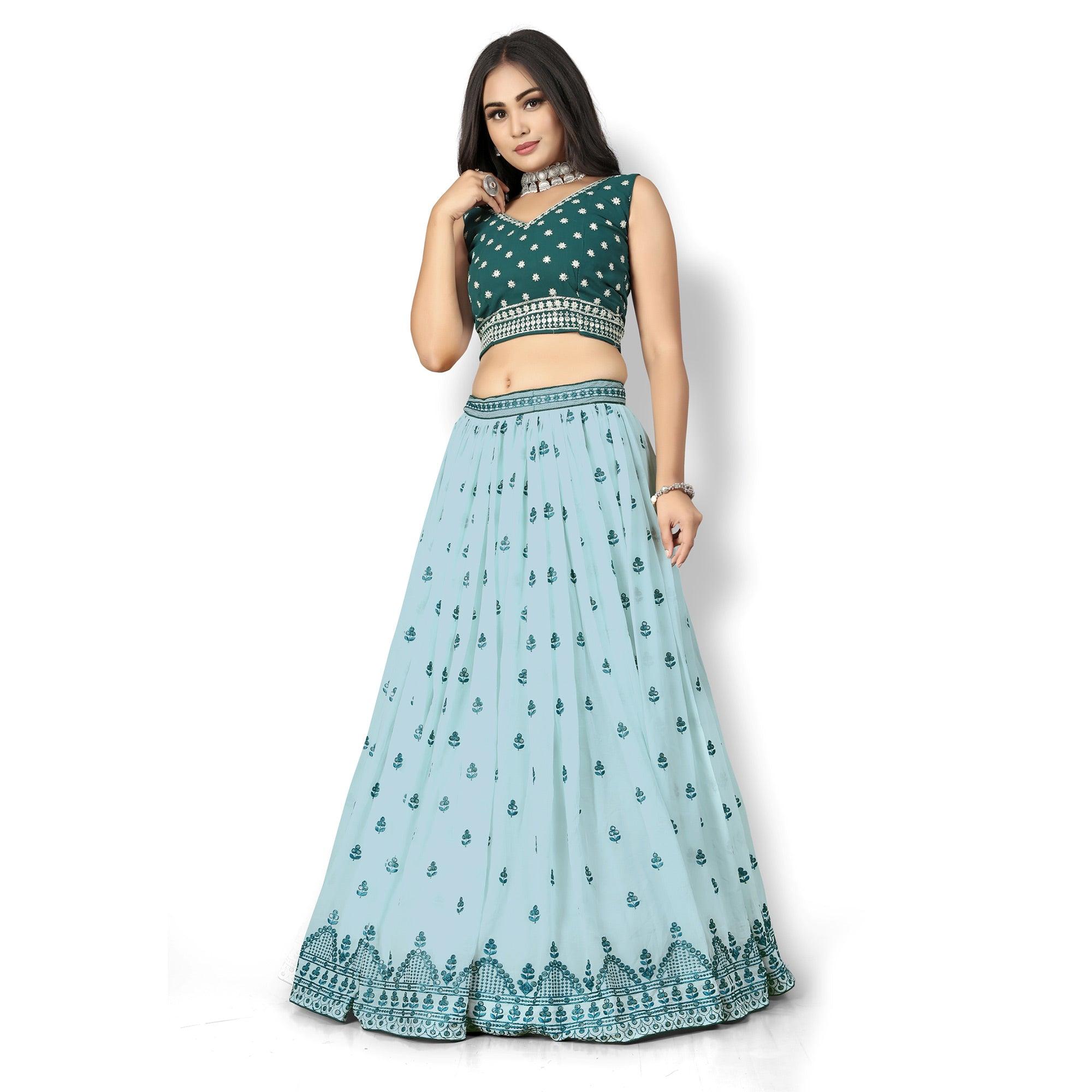 Sky Blue Party Wear Sequence Embroidered Tapetta Lehenga Choli - Peachmode
