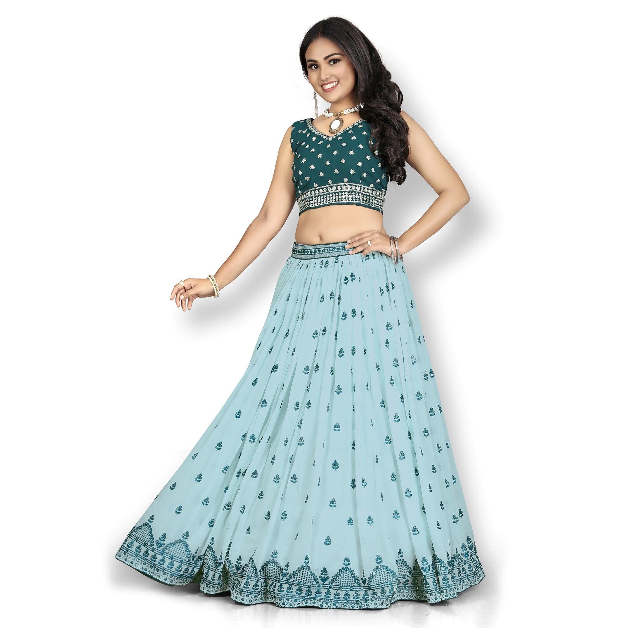 Sky Blue Party Wear Sequence Embroidered Tapetta Lehenga Choli - Peachmode