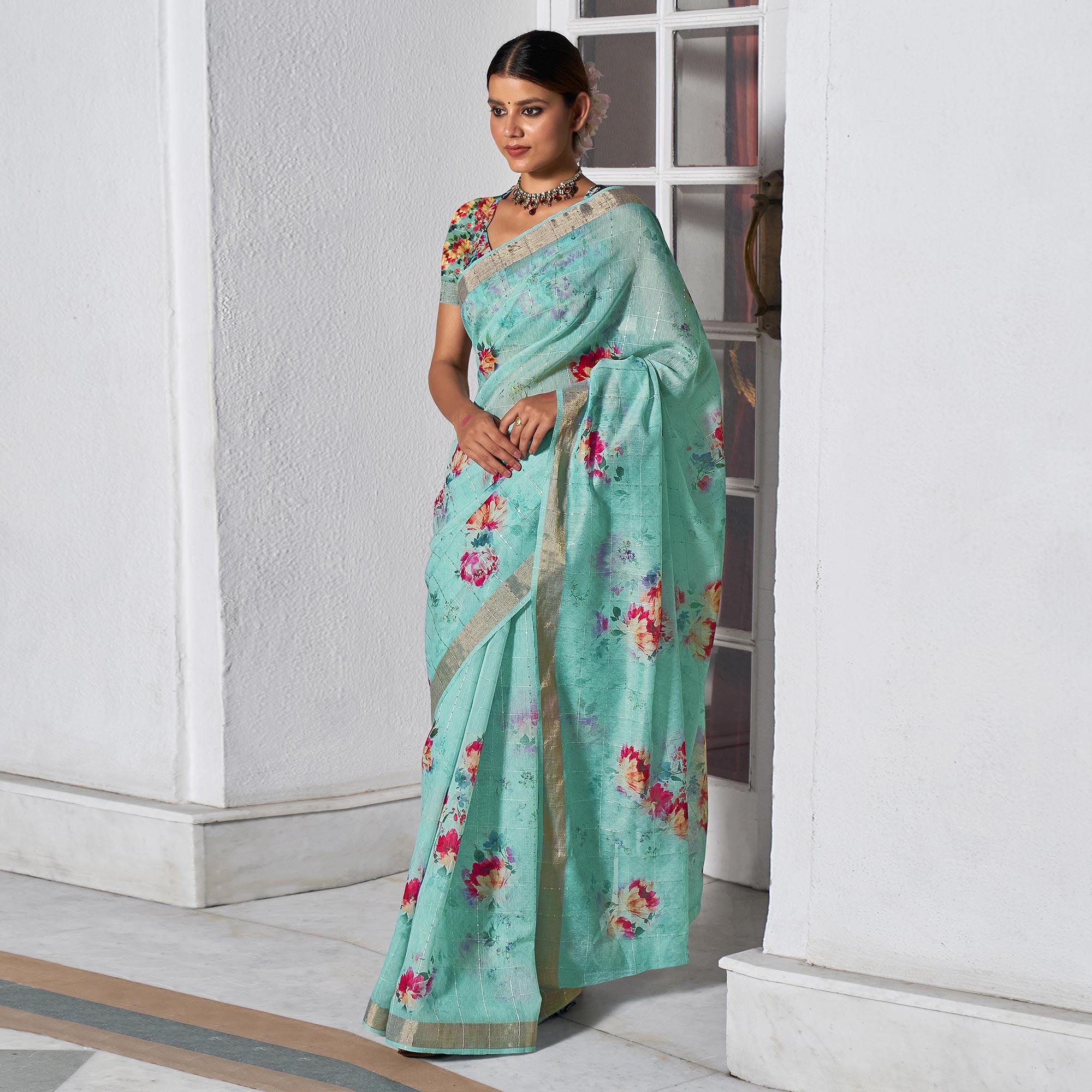 Sky Blue Partywear Digital Printed & Sequence Woven Pure Linen Saree - Peachmode