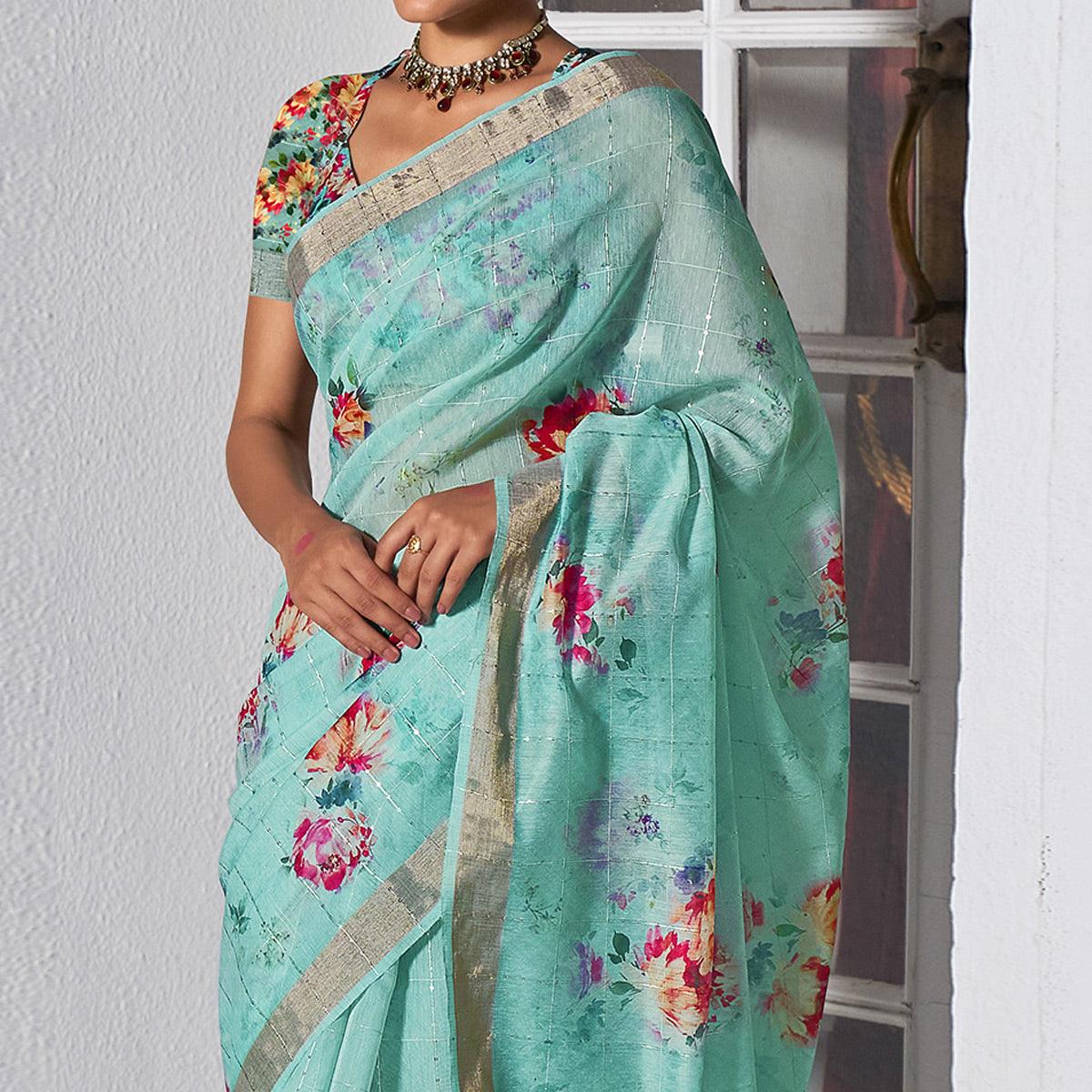 Sky Blue Partywear Digital Printed & Sequence Woven Pure Linen Saree - Peachmode