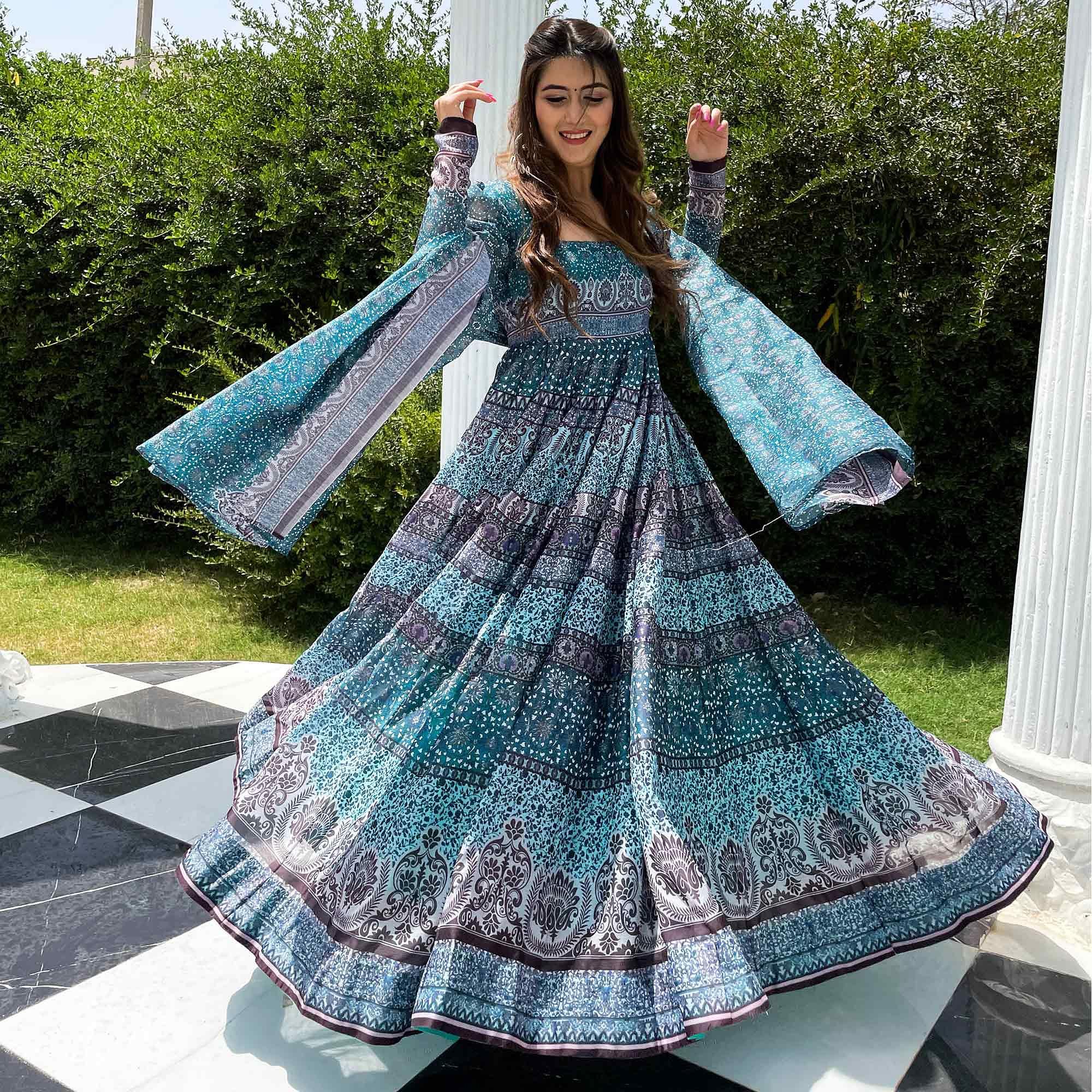 Sky Blue Partywear Digital Printed Chanderi Gown - Peachmode
