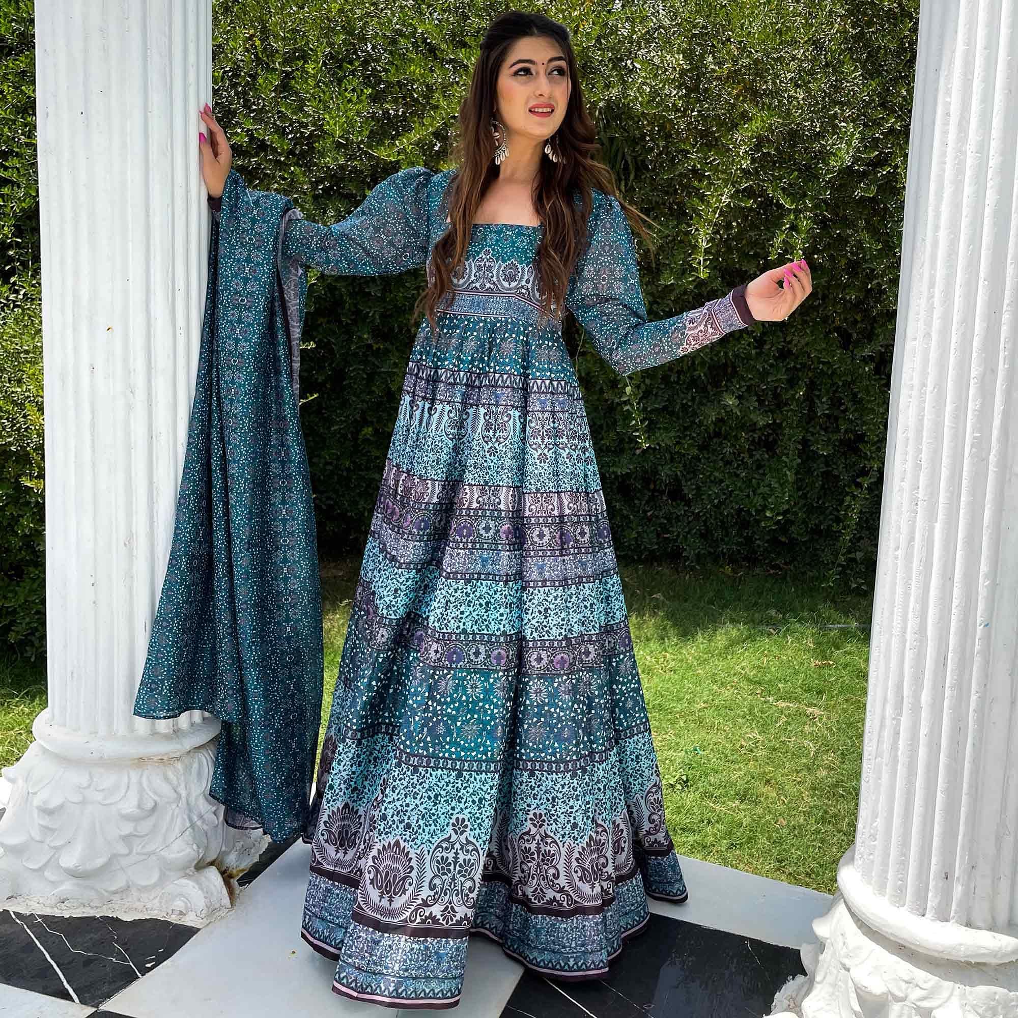 Sky Blue Partywear Digital Printed Chanderi Gown - Peachmode