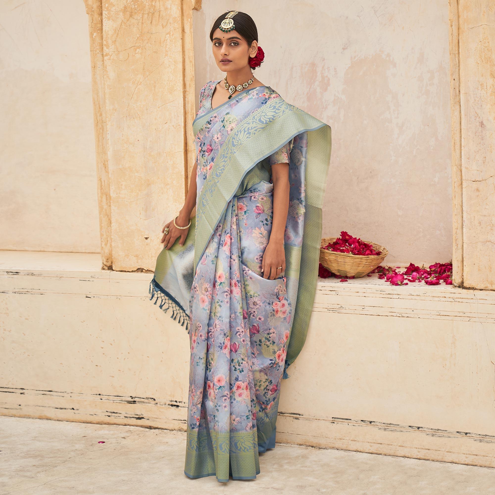 Sky Blue Partywear Digital Printed Silk Saree - Peachmode