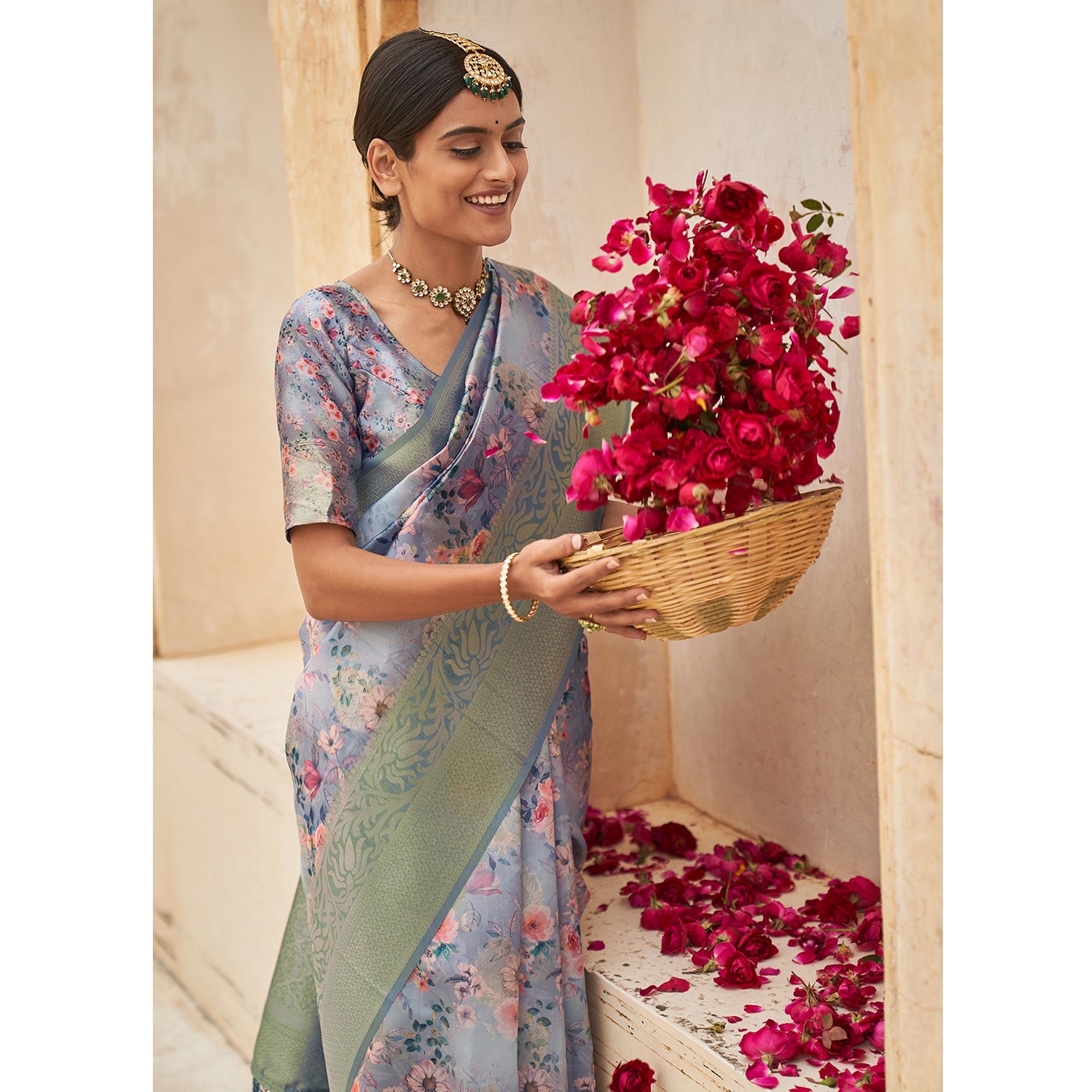 Sky Blue Partywear Digital Printed Silk Saree - Peachmode