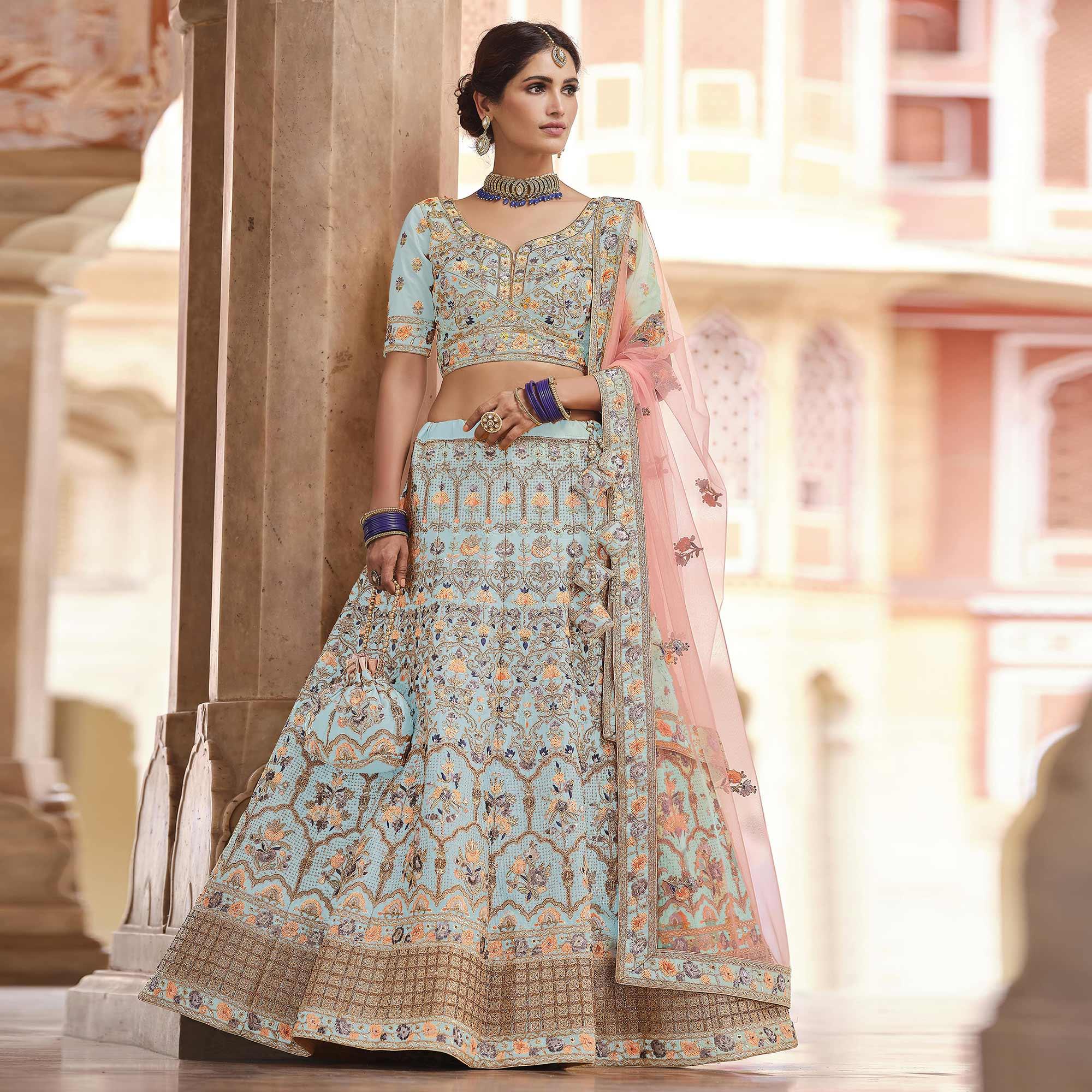 Sky Blue Partywear Embellished & Sequence Art Silk Lehenga Choli - Peachmode