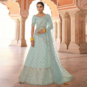 Sky Blue Partywear Embellished Art Silk Lehenga Choli - Peachmode