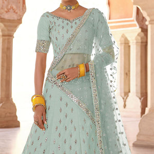 Sky Blue Partywear Embellished Art Silk Lehenga Choli - Peachmode