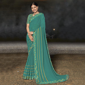 Sky Blue Partywear Embellished Georgette Saree - Peachmode