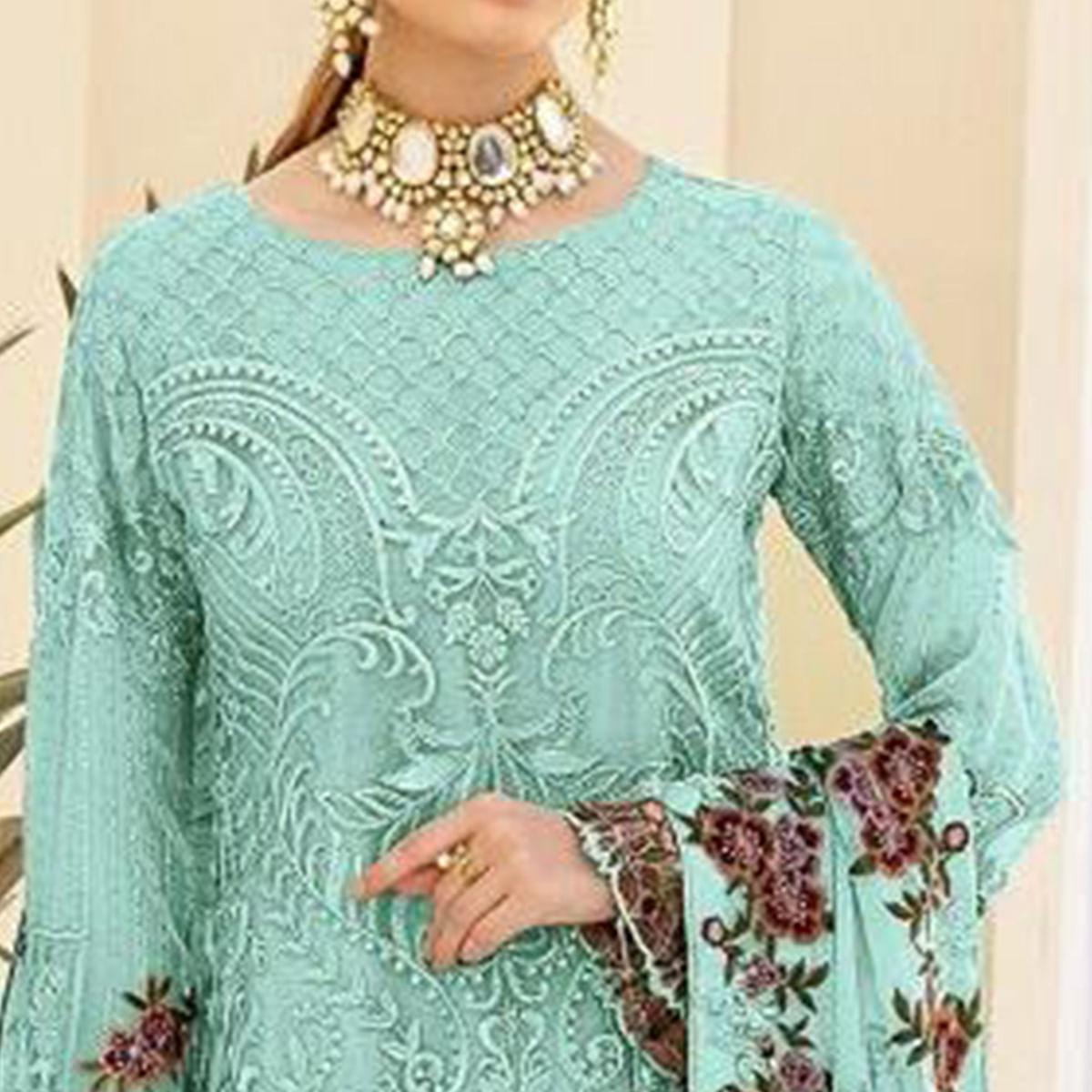 Sky Blue Partywear Embroidered & Embellished Georgette Pakistani Suit - Peachmode