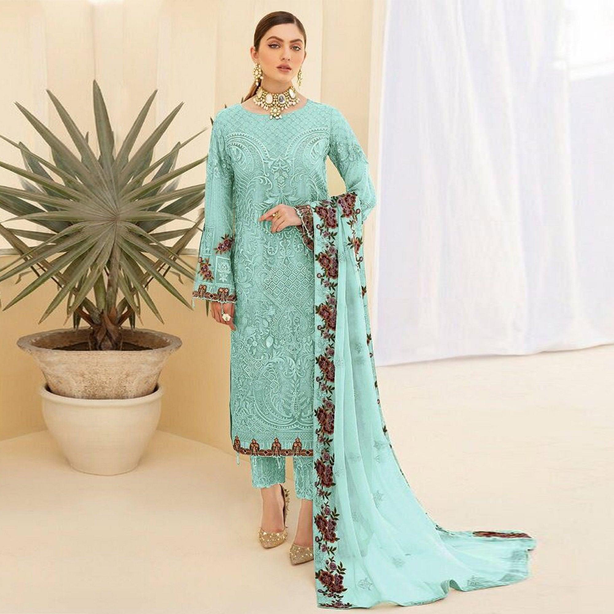 Sky Blue Partywear Embroidered & Embellished Georgette Pakistani Suit - Peachmode