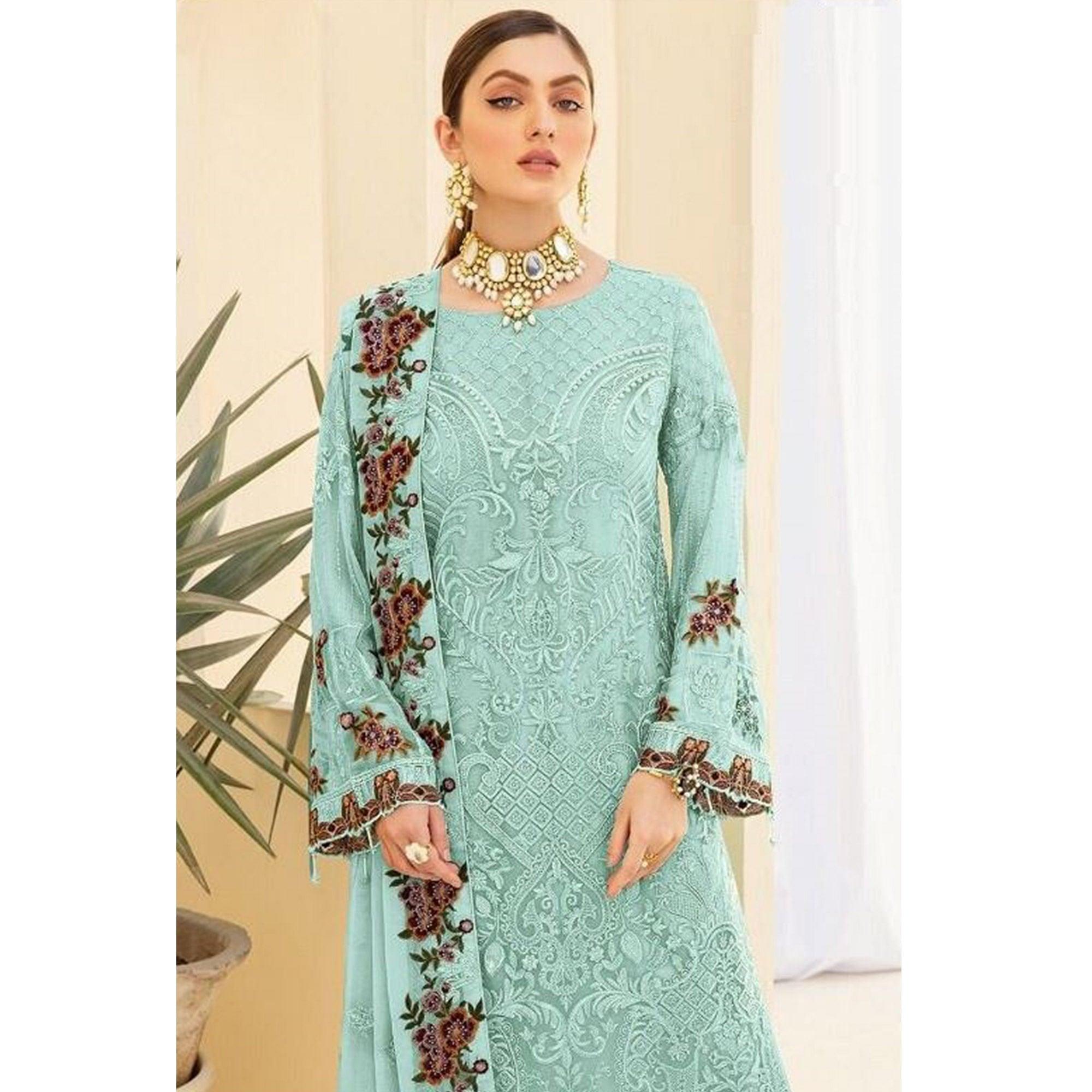 Sky Blue Partywear Embroidered & Embellished Georgette Pakistani Suit - Peachmode