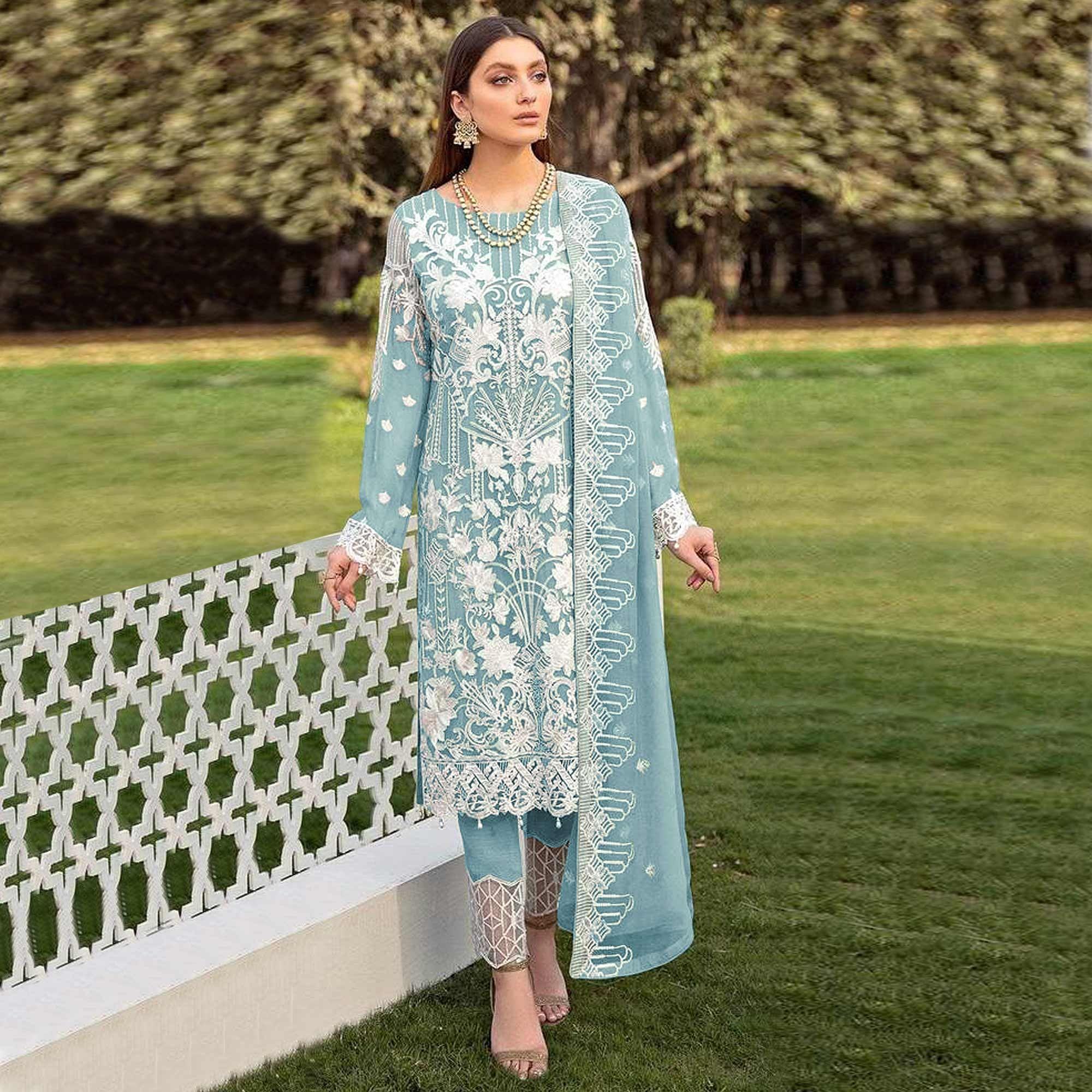 Sky Blue Partywear Embroidered Faux Georgette Straight Pakistani Suit - Peachmode