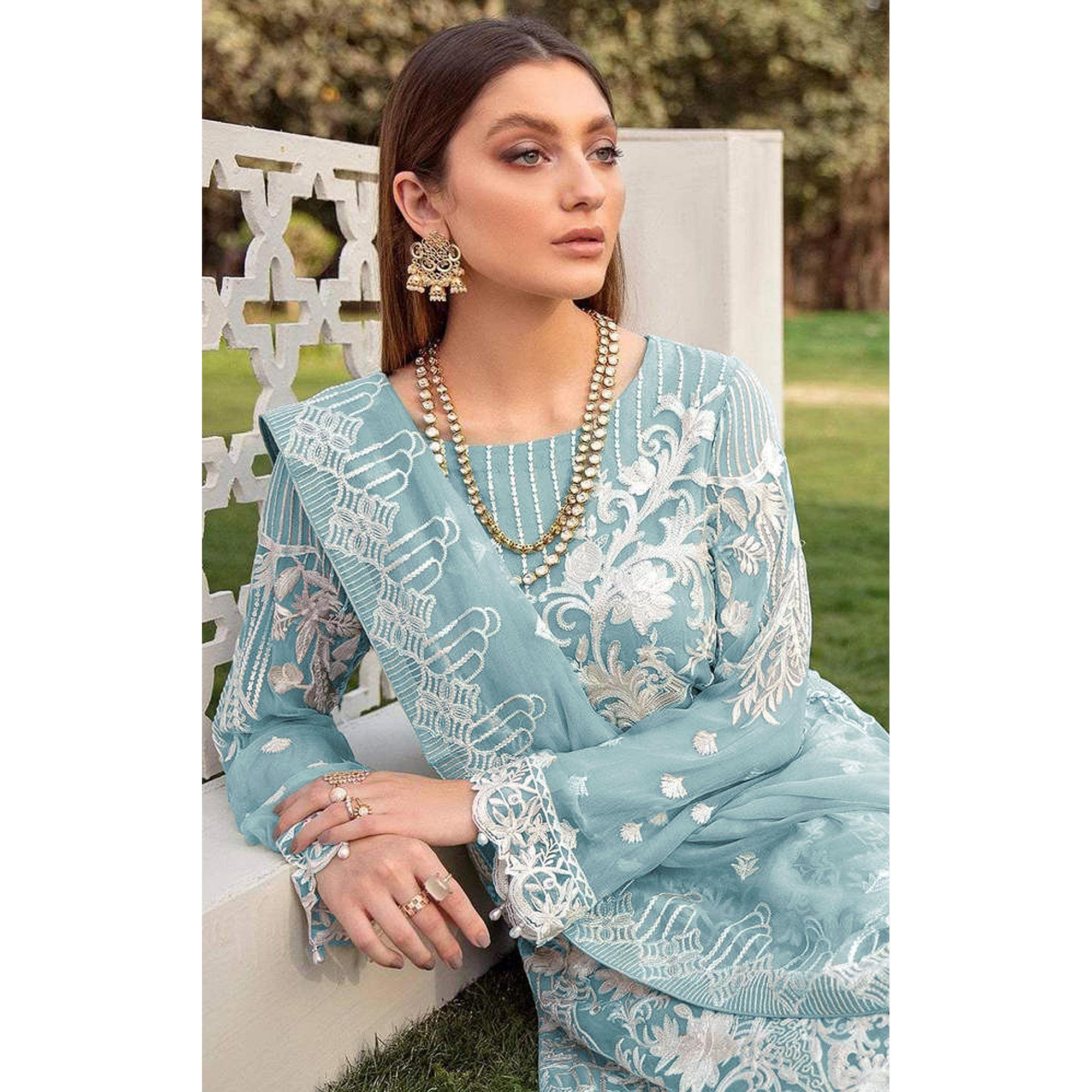Sky Blue Partywear Embroidered Faux Georgette Straight Pakistani Suit - Peachmode