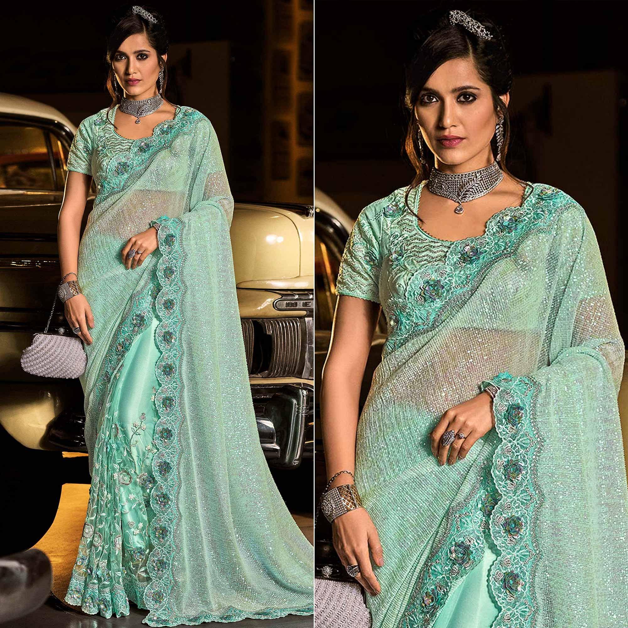 Sky Blue Partywear Embroidered Sequence Embellished Net Saree - Peachmode
