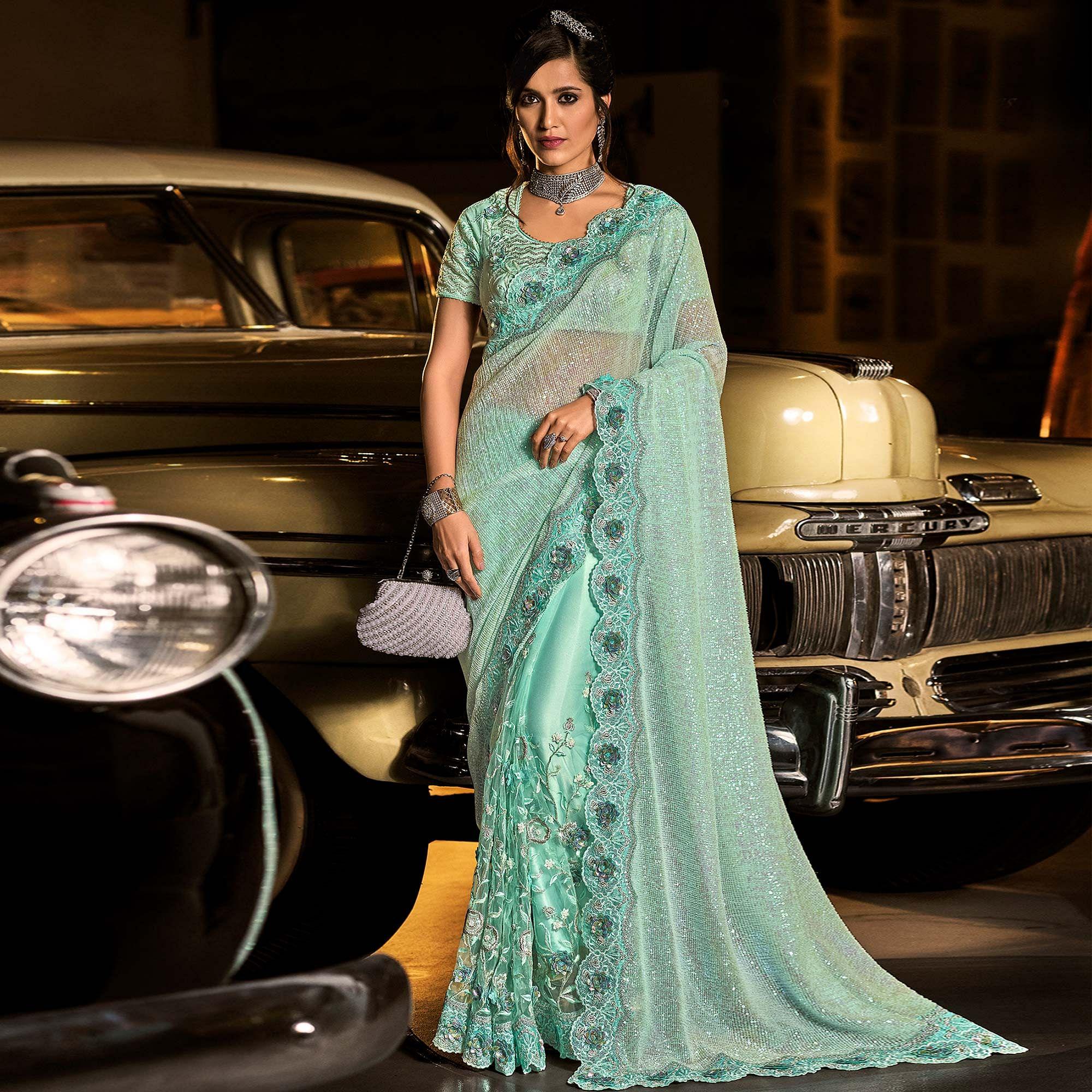 Sky Blue Partywear Embroidered Sequence Embellished Net Saree - Peachmode