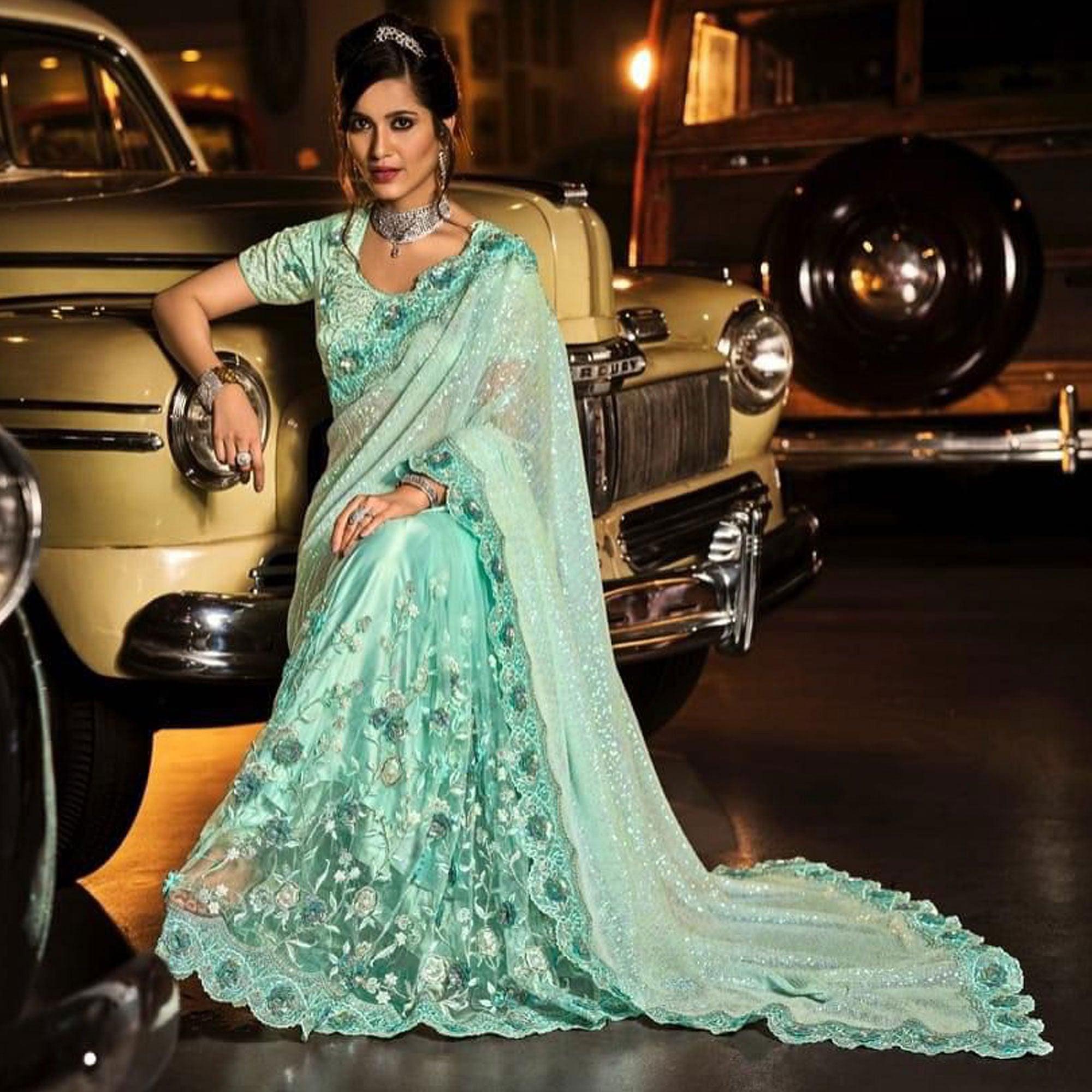 Sky Blue Partywear Embroidered Sequence Embellished Net Saree - Peachmode