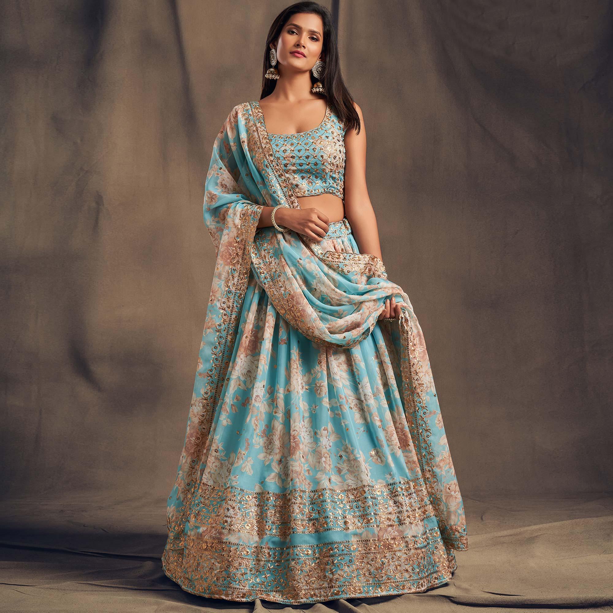 Sky Blue Partywear Floral Print With Sequin Zari Embroidered Organza Lehenga Choli - Peachmode
