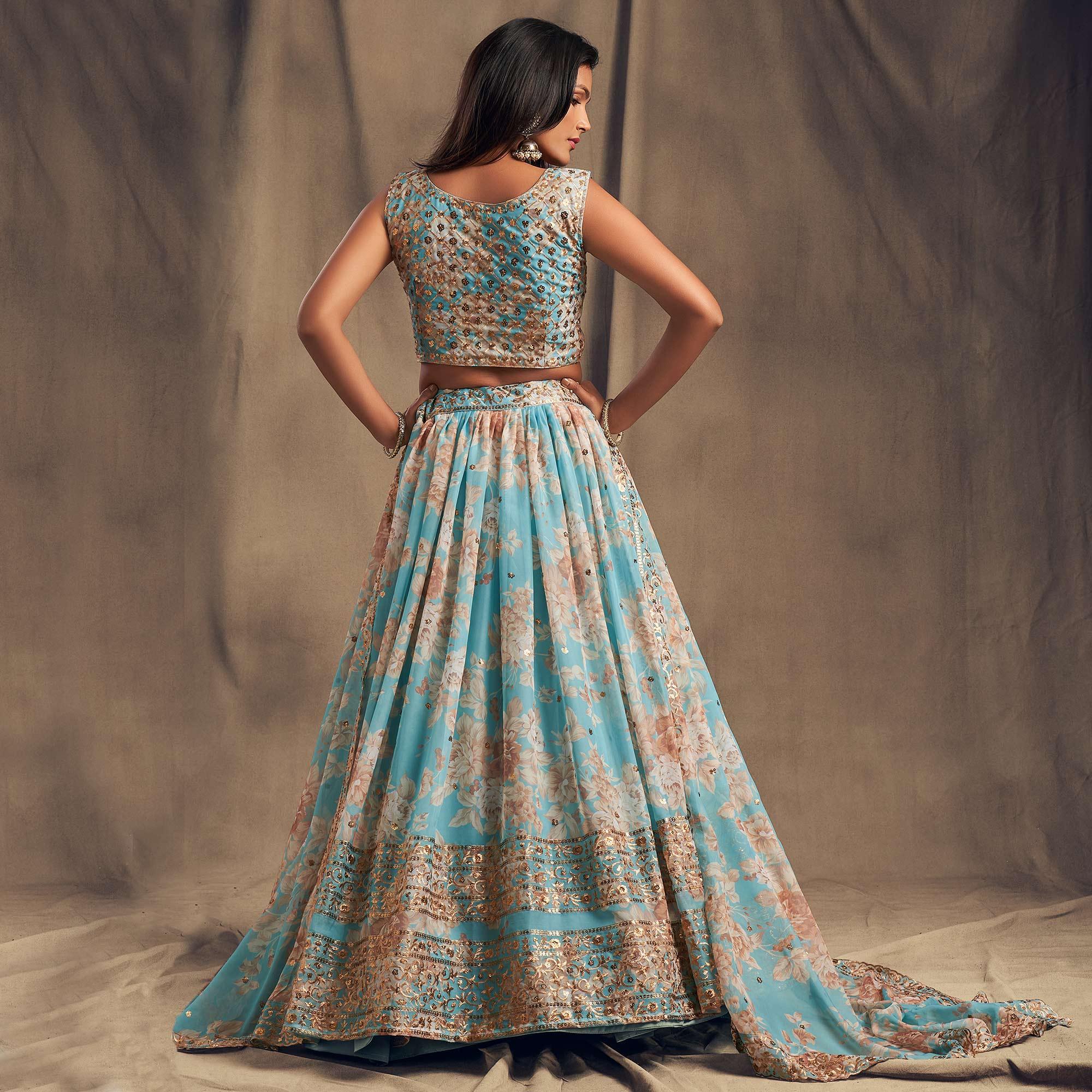 Sky Blue Partywear Floral Print With Sequin Zari Embroidered Organza Lehenga Choli - Peachmode