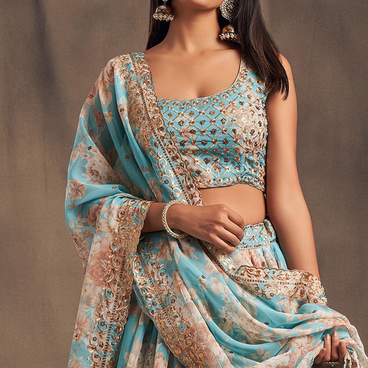 Sky Blue Partywear Floral Print With Sequin Zari Embroidered Organza Lehenga Choli - Peachmode