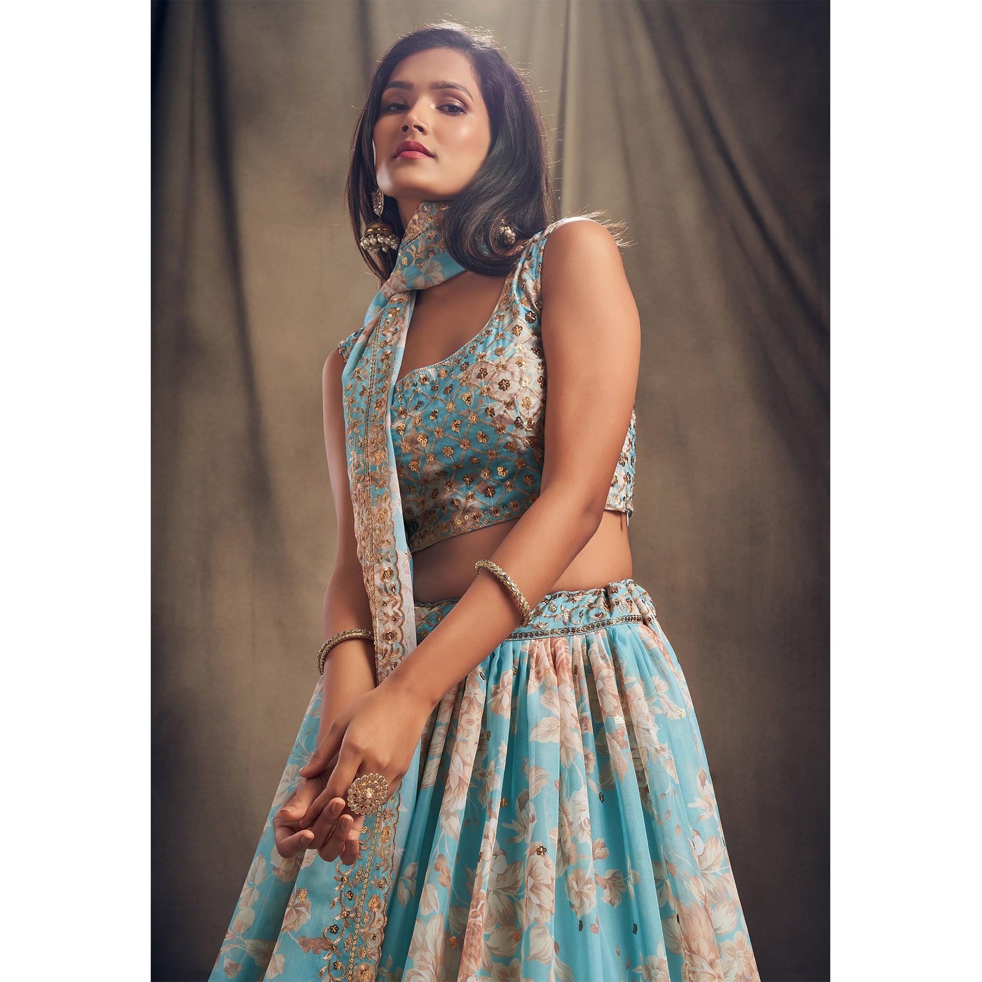 Sky Blue Partywear Floral Print With Sequin Zari Embroidered Organza Lehenga Choli - Peachmode