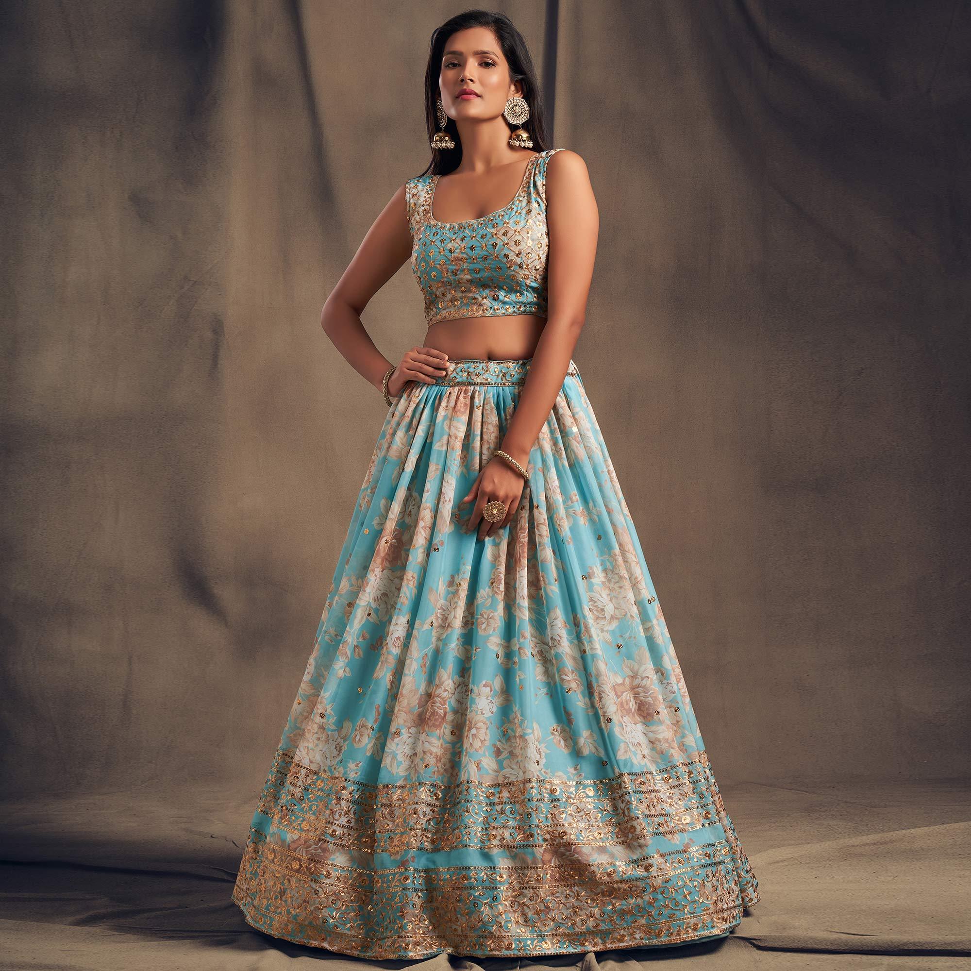 Sky Blue Partywear Floral Print With Sequin Zari Embroidered Organza Lehenga Choli - Peachmode