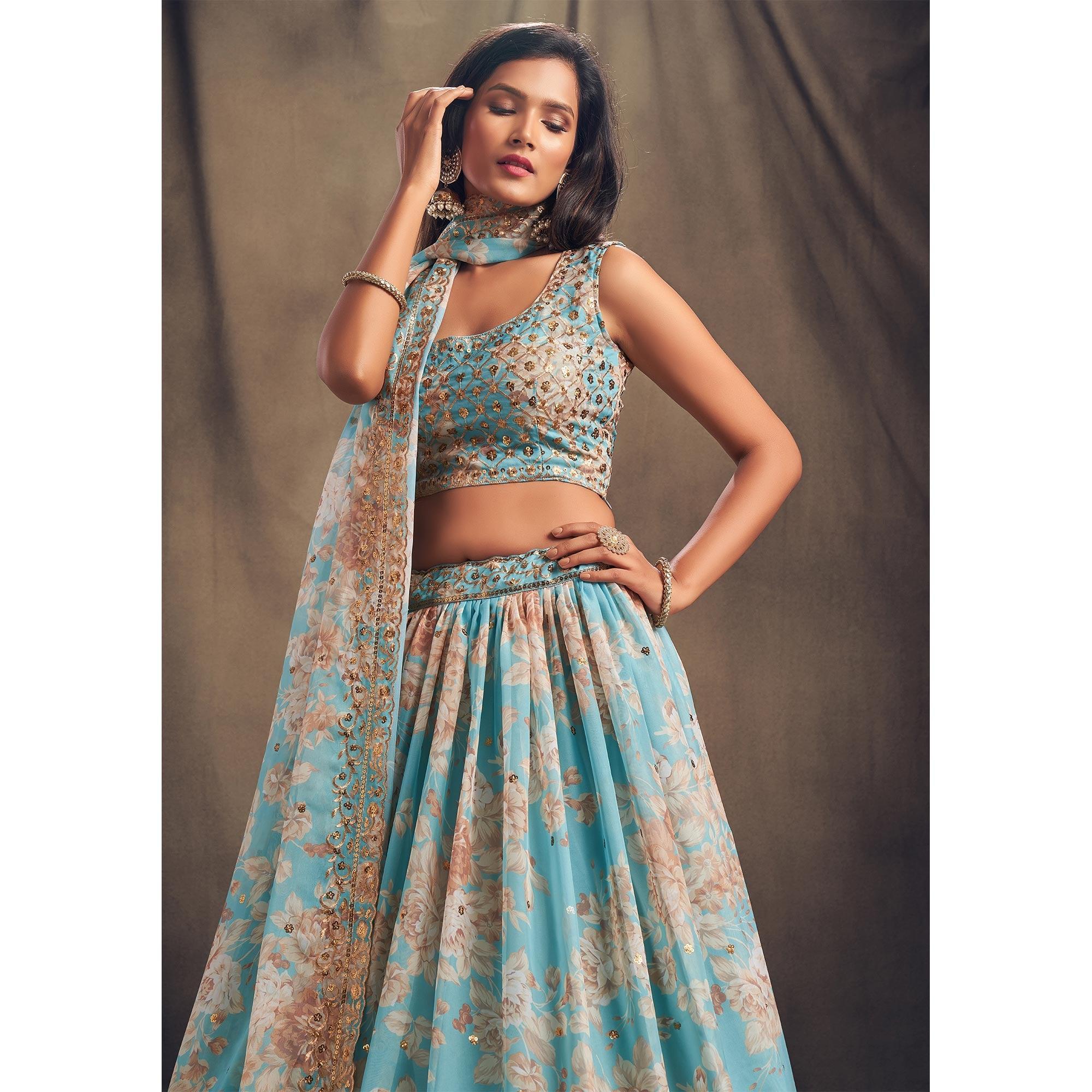 Sky Blue Partywear Floral Print With Sequin Zari Embroidered Organza Lehenga Choli - Peachmode