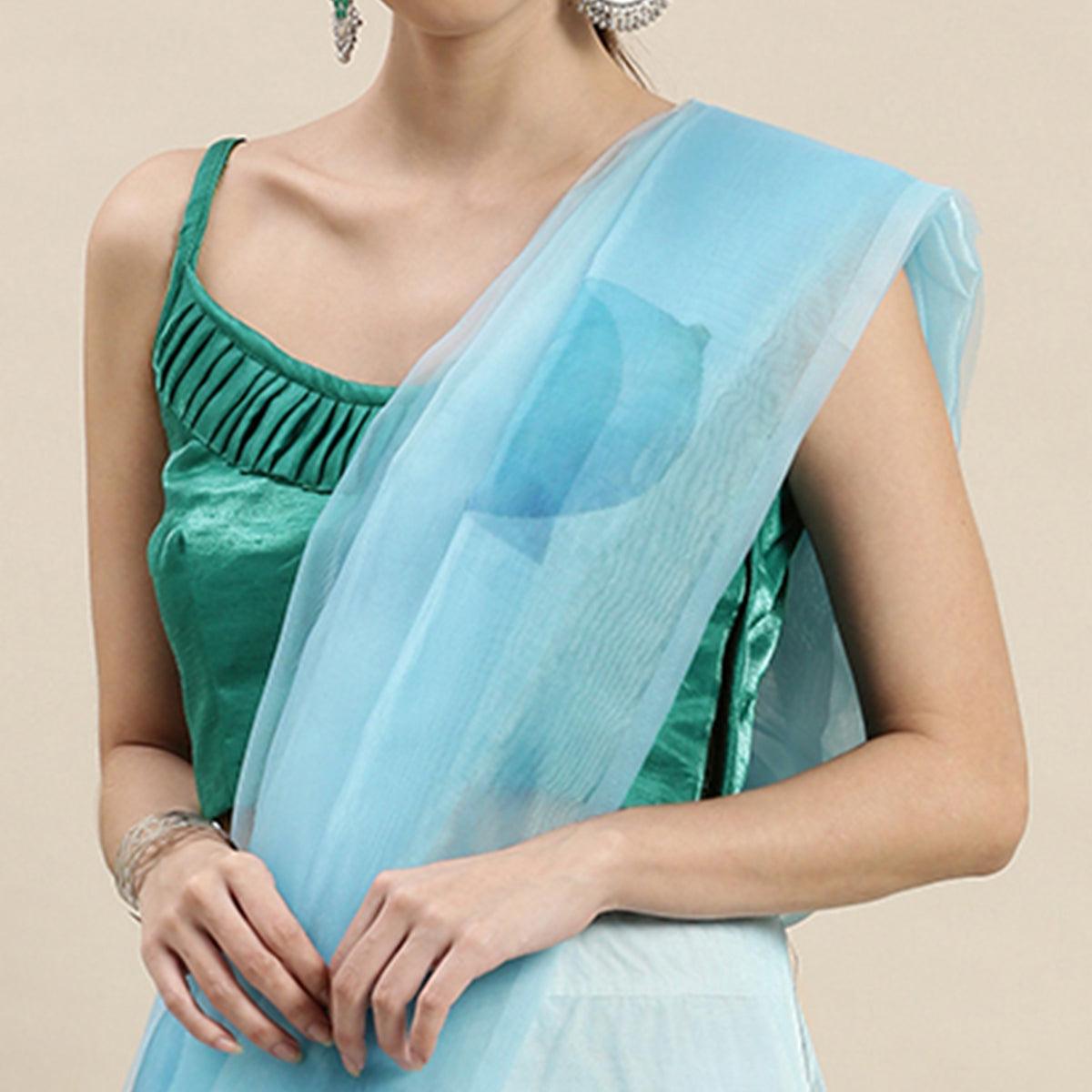 Sky Blue Partywear Printed Organza Saree - Peachmode