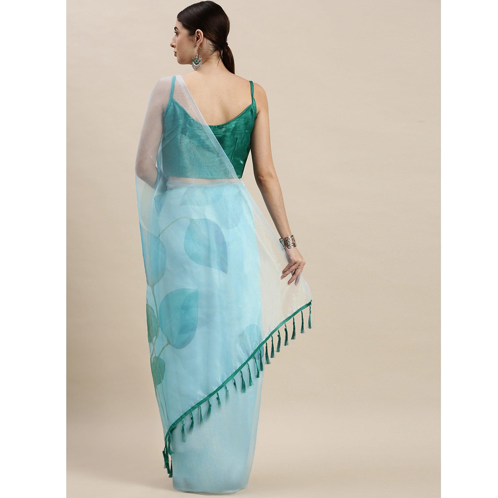 Sky Blue Partywear Printed Organza Saree - Peachmode