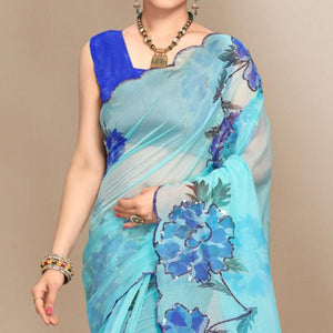 Sky Blue Partywear Sequence & Printed Organza Saree - Peachmode