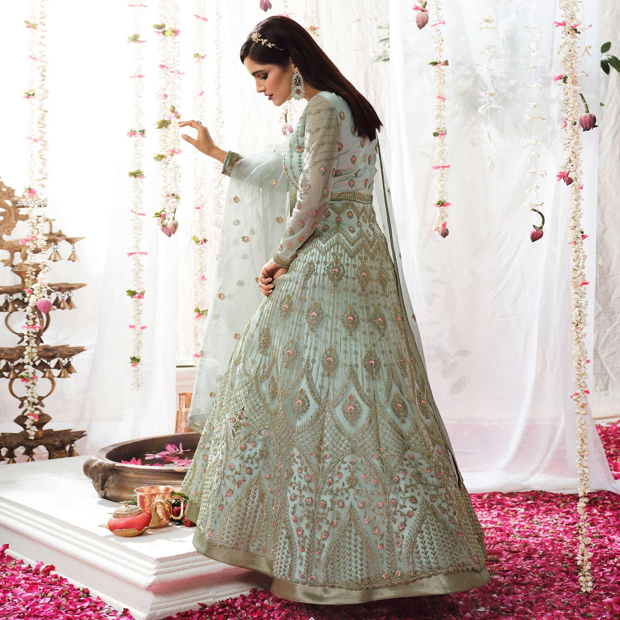 Sky Blue Partywear Sequence Embroidered Net Gown - Peachmode