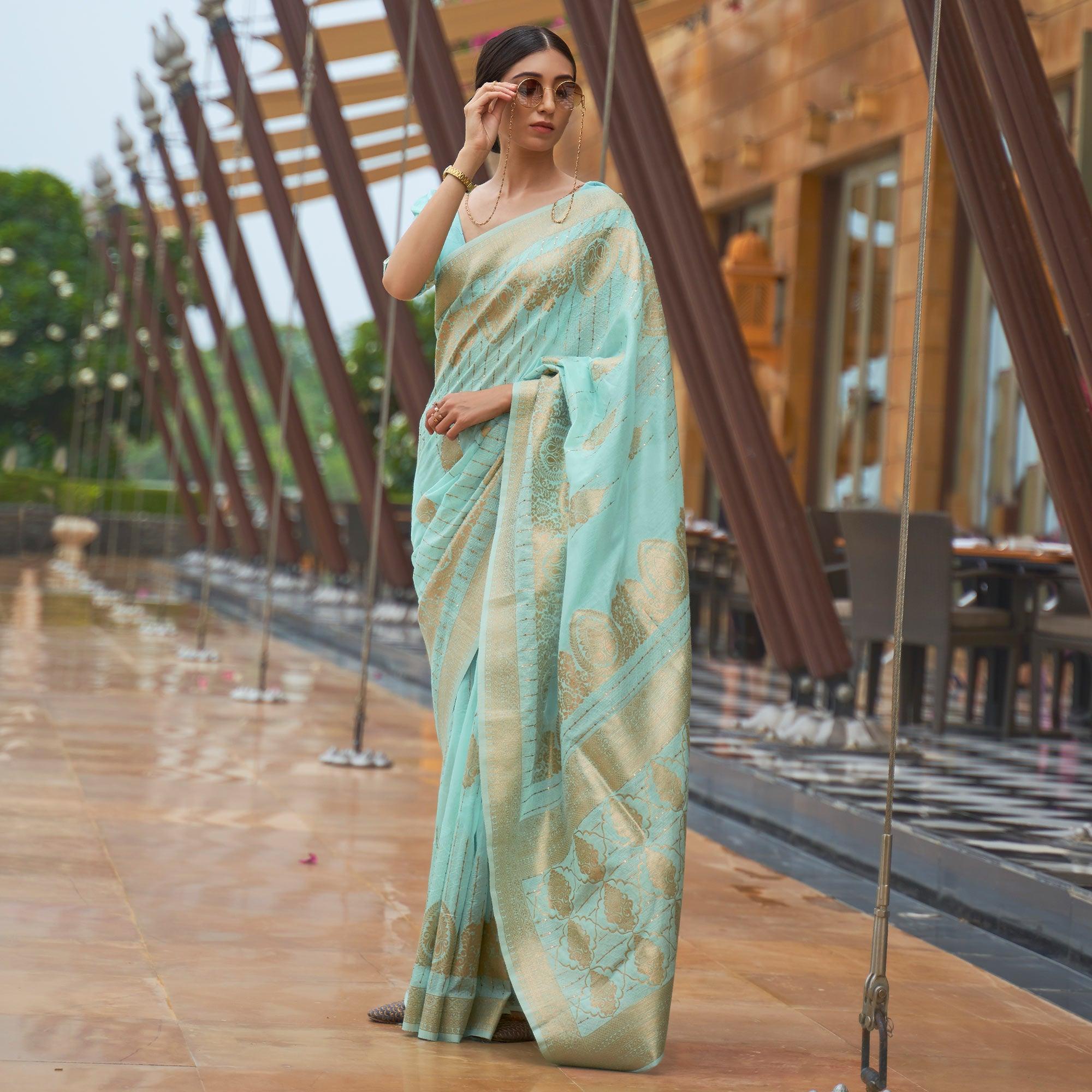 Sky Blue Partywear Sequence Woven Chanderi Saree - Peachmode
